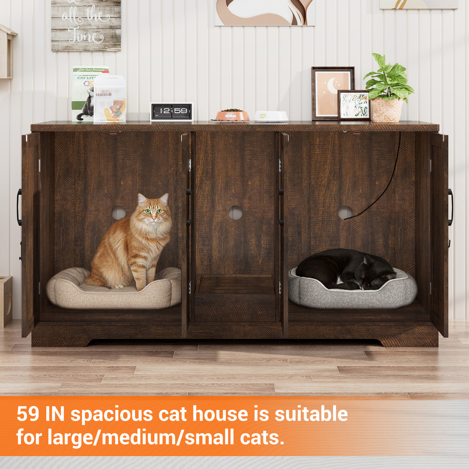 Blotout 59" Large Cat Litter Box Enclosure for 2 Cats with Power Outlets, Litter Box Furniture Hidden with Double Room, Wooden Cat Washroom Furniture with Lockable Door, Cats House