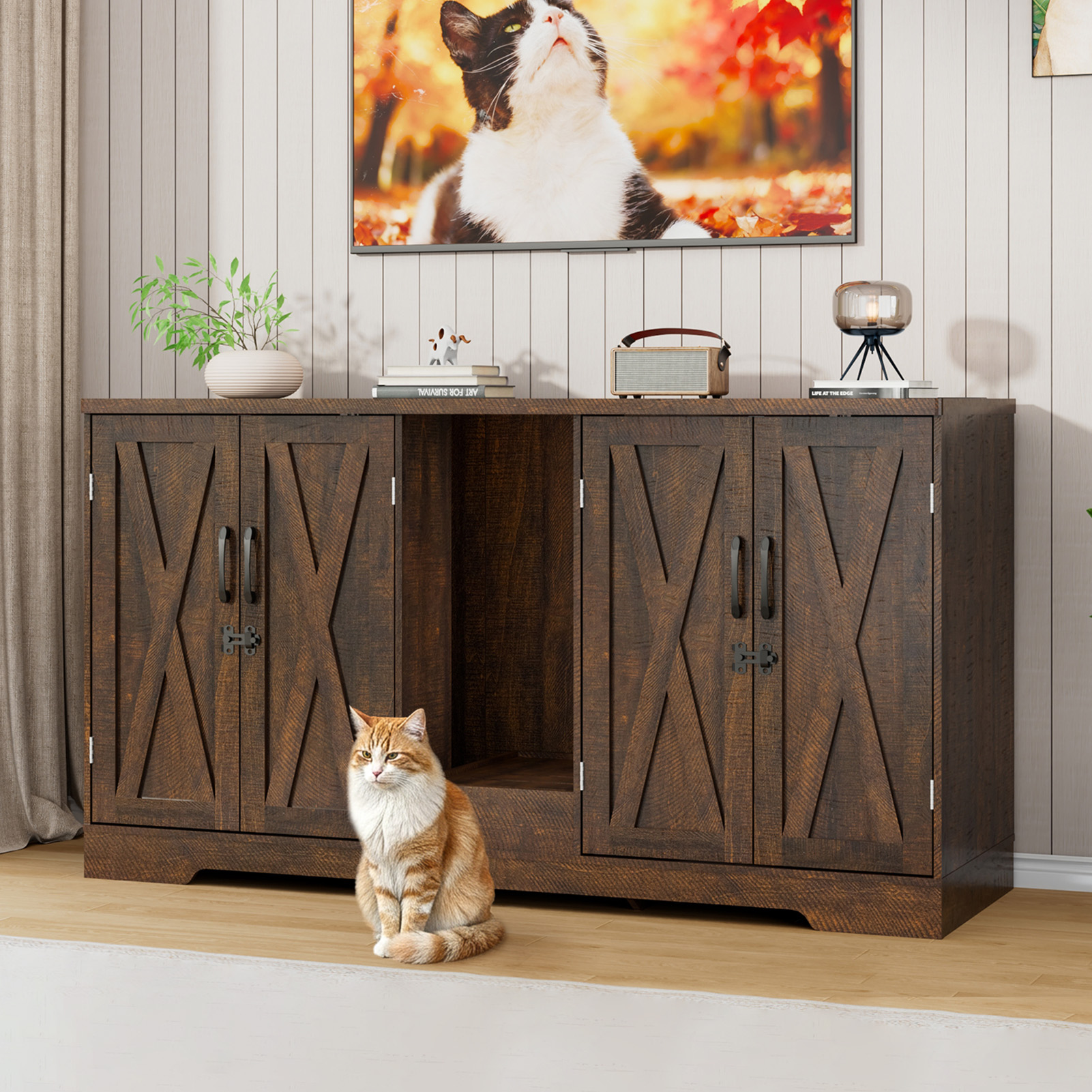 Blotout 59" Large Cat Litter Box Enclosure for 2 Cats with Power Outlets, Litter Box Furniture Hidden with Double Room, Wooden Cat Washroom Furniture with Lockable Door, Cats House