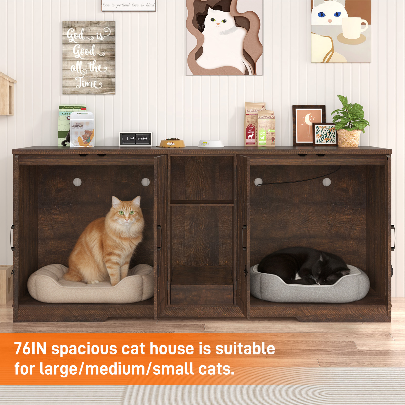 Blotout 77" Large Cat Litter Box Enclosure for 2 Cats with Power Outlets, Litter Box Furniture Hidden with Double Room, Wooden Cat Washroom Furniture with Lockable Door, Cats House
