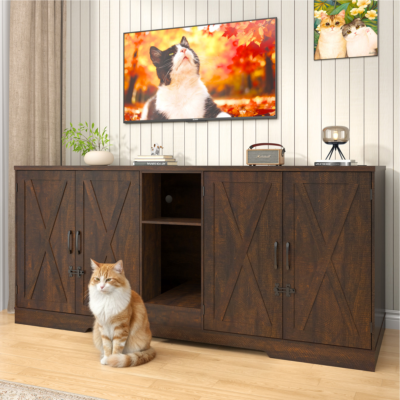 Blotout 77" Large Cat Litter Box Enclosure for 2 Cats with Power Outlets, Litter Box Furniture Hidden with Double Room, Wooden Cat Washroom Furniture with Lockable Door, Cats House