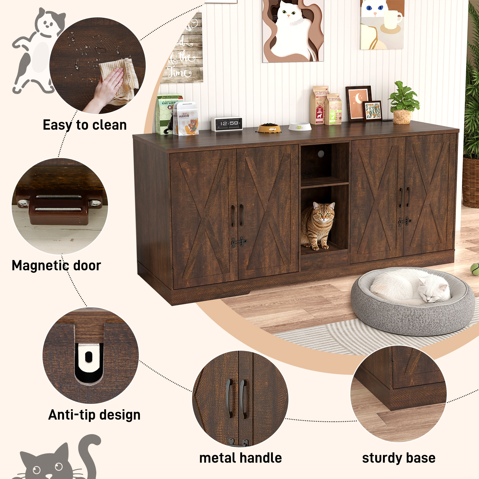 Blotout 77" Large Cat Litter Box Enclosure for 2 Cats with Power Outlets, Litter Box Furniture Hidden with Double Room, Wooden Cat Washroom Furniture with Lockable Door, Cats House