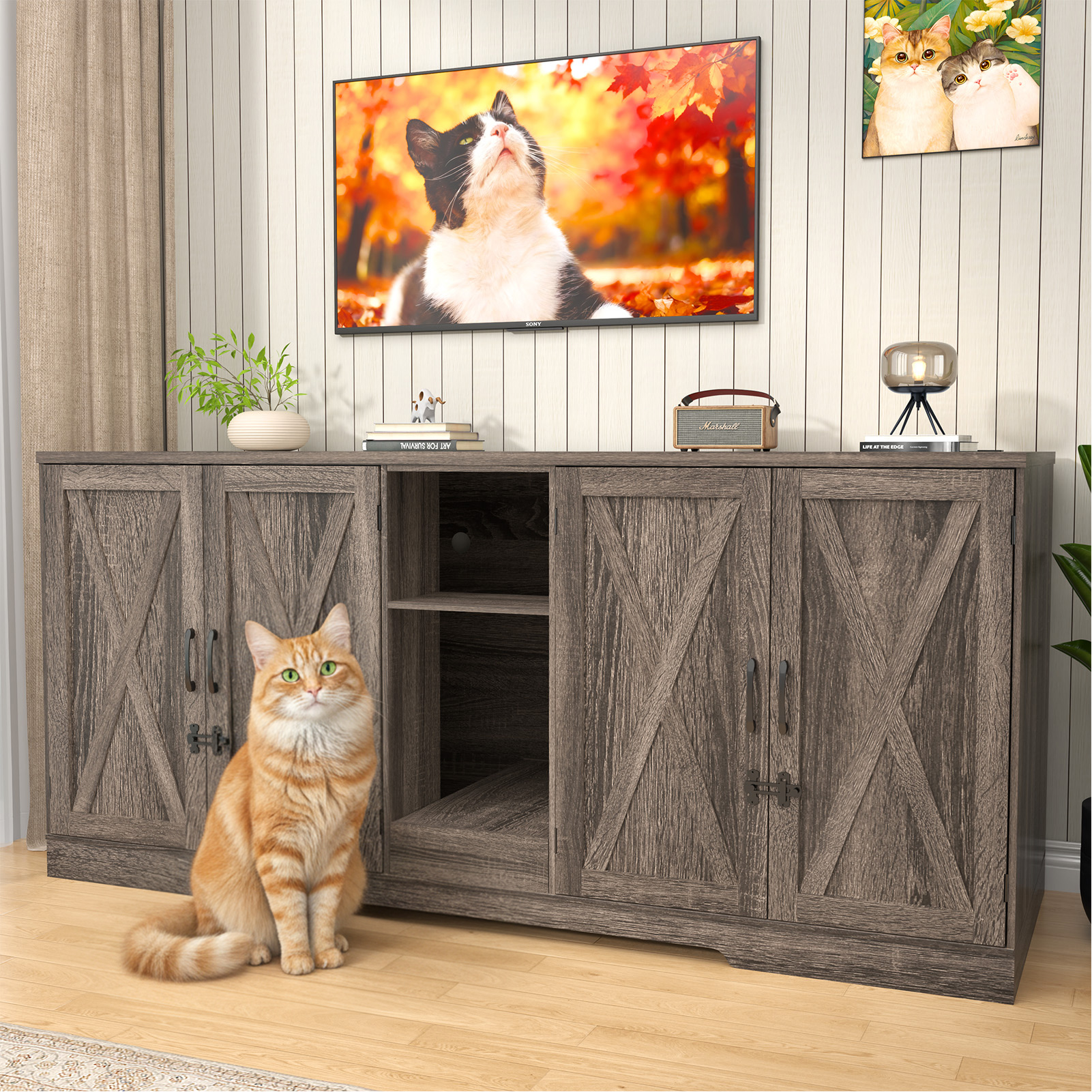 Blotout 77" Large Cat Litter Box Enclosure for 2 Cats with Power Outlets, Litter Box Furniture Hidden with Double Room, Wooden Cat Washroom Furniture with Lockable Door, Cats House