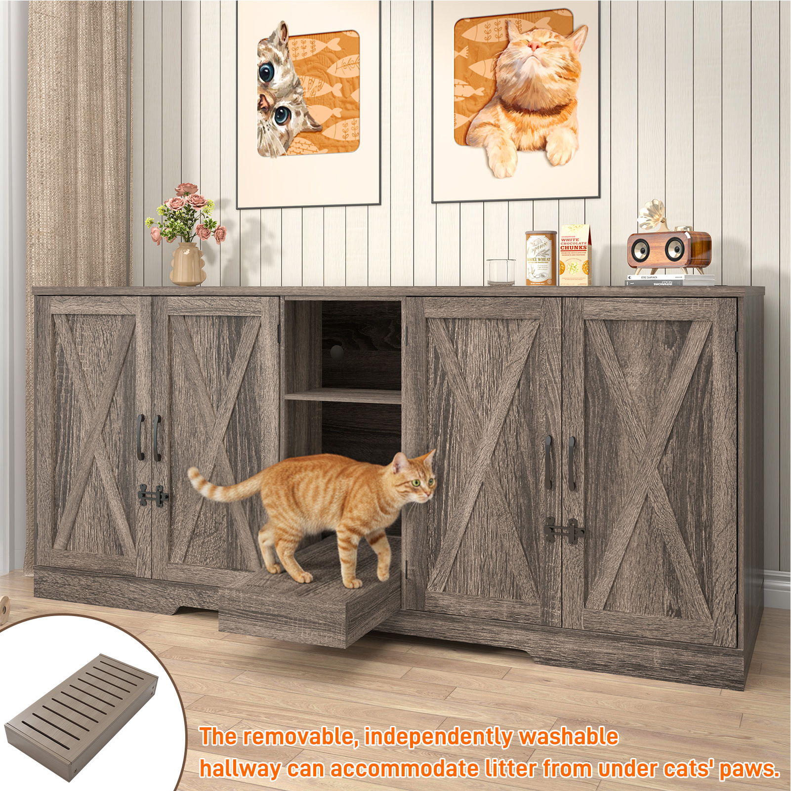 Blotout 77" Large Cat Litter Box Enclosure for 2 Cats with Power Outlets, Litter Box Furniture Hidden with Double Room, Wooden Cat Washroom Furniture with Lockable Door, Cats House