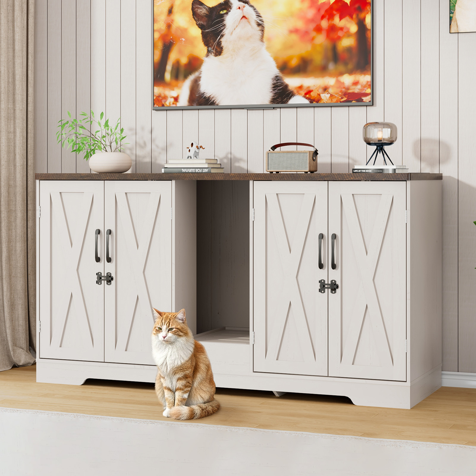 Blotout 59" Large Cat Litter Box Enclosure for 2 Cats with Power Outlets, Litter Box Furniture Hidden with Double Room, Wooden Cat Washroom Furniture with Lockable Door, Cats House