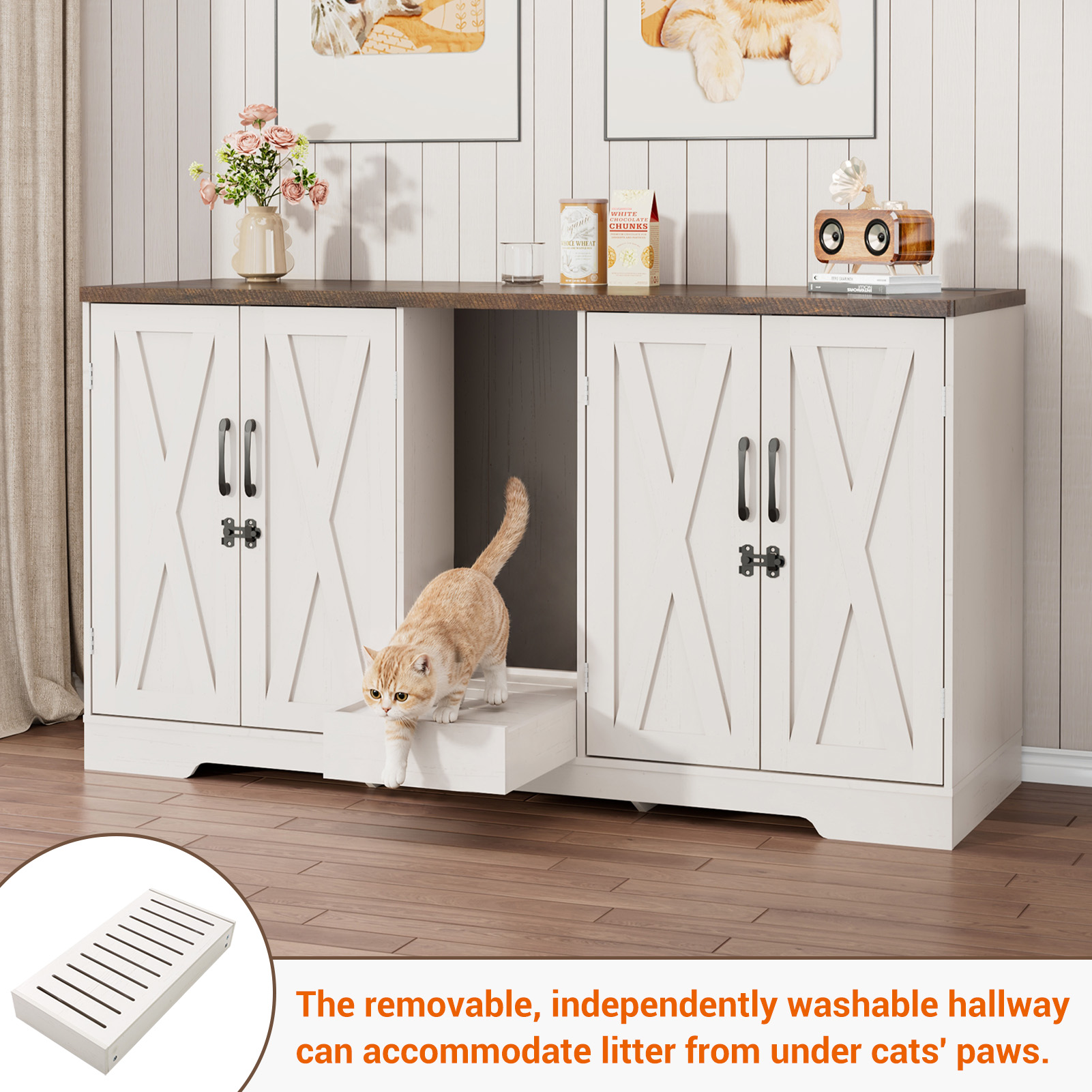 Blotout 59" Large Cat Litter Box Enclosure for 2 Cats with Power Outlets, Litter Box Furniture Hidden with Double Room, Wooden Cat Washroom Furniture with Lockable Door, Cats House