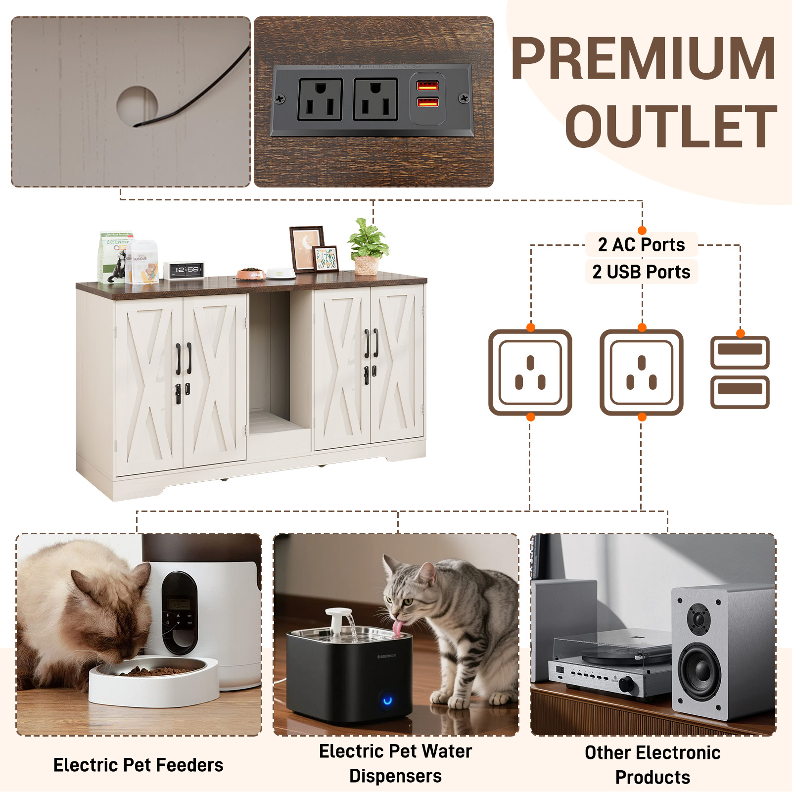 Blotout 59" Large Cat Litter Box Enclosure for 2 Cats with Power Outlets, Litter Box Furniture Hidden with Double Room, Wooden Cat Washroom Furniture with Lockable Door, Cats House