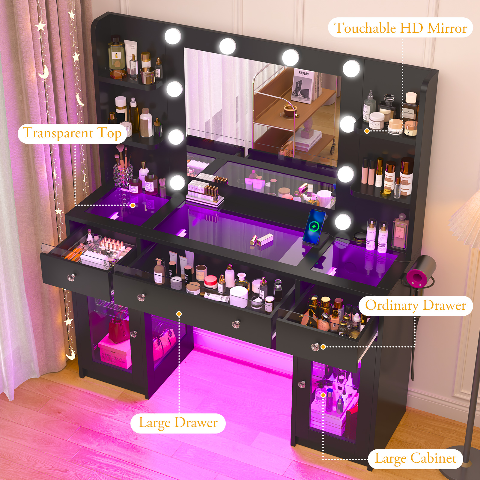 Blotout 47" Makeup Vanity Desk with Mirror and Lights, Storage Shelves, Vanity Desk with 6000-Colors Lighting & Power Outlet, Glass Top with 3 RGB Drawers, 2 Large RGB Cabinets