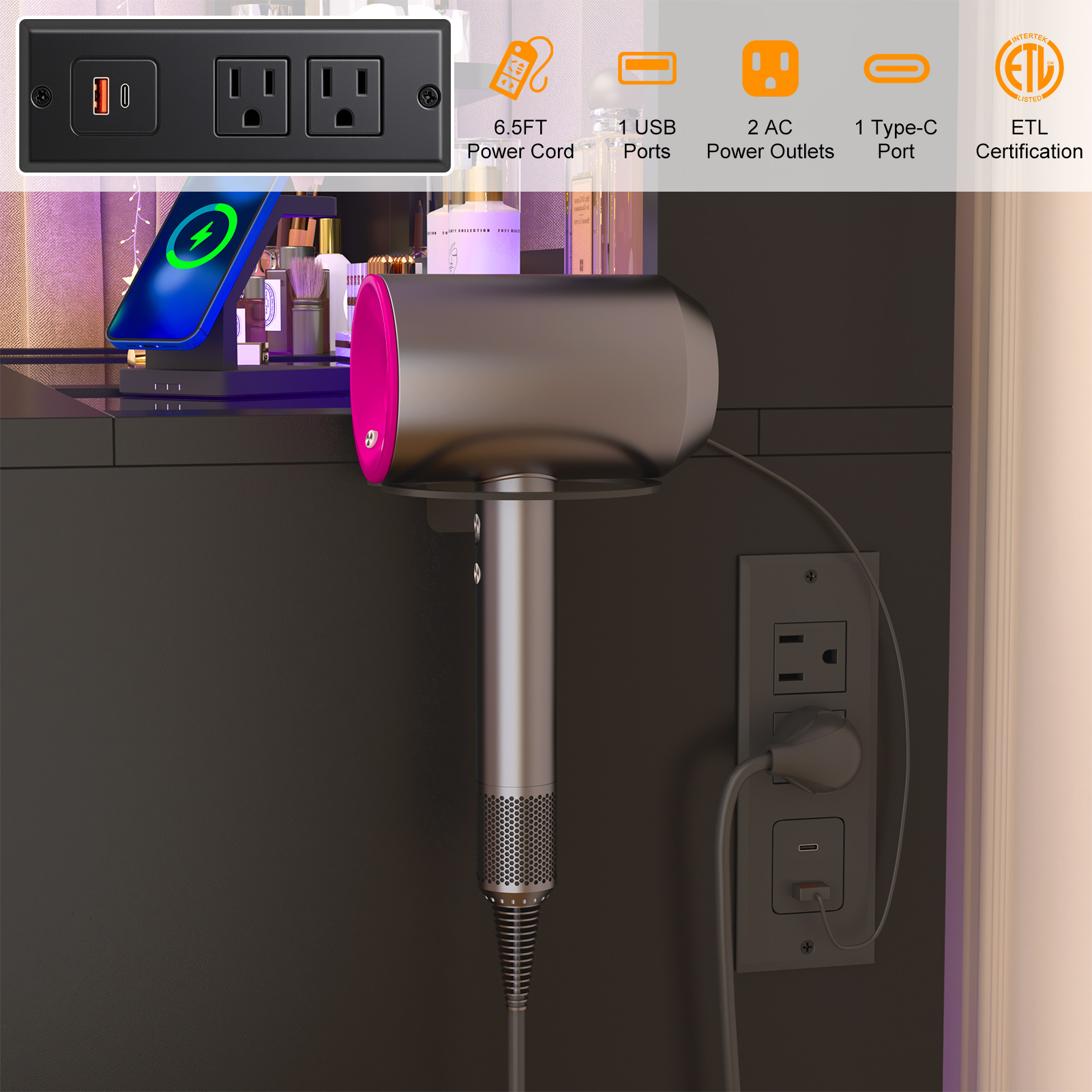 Blotout 47" Makeup Vanity Desk with Mirror and Lights, Storage Shelves, Vanity Desk with 6000-Colors Lighting & Power Outlet, Glass Top with 3 RGB Drawers, 2 Large RGB Cabinets