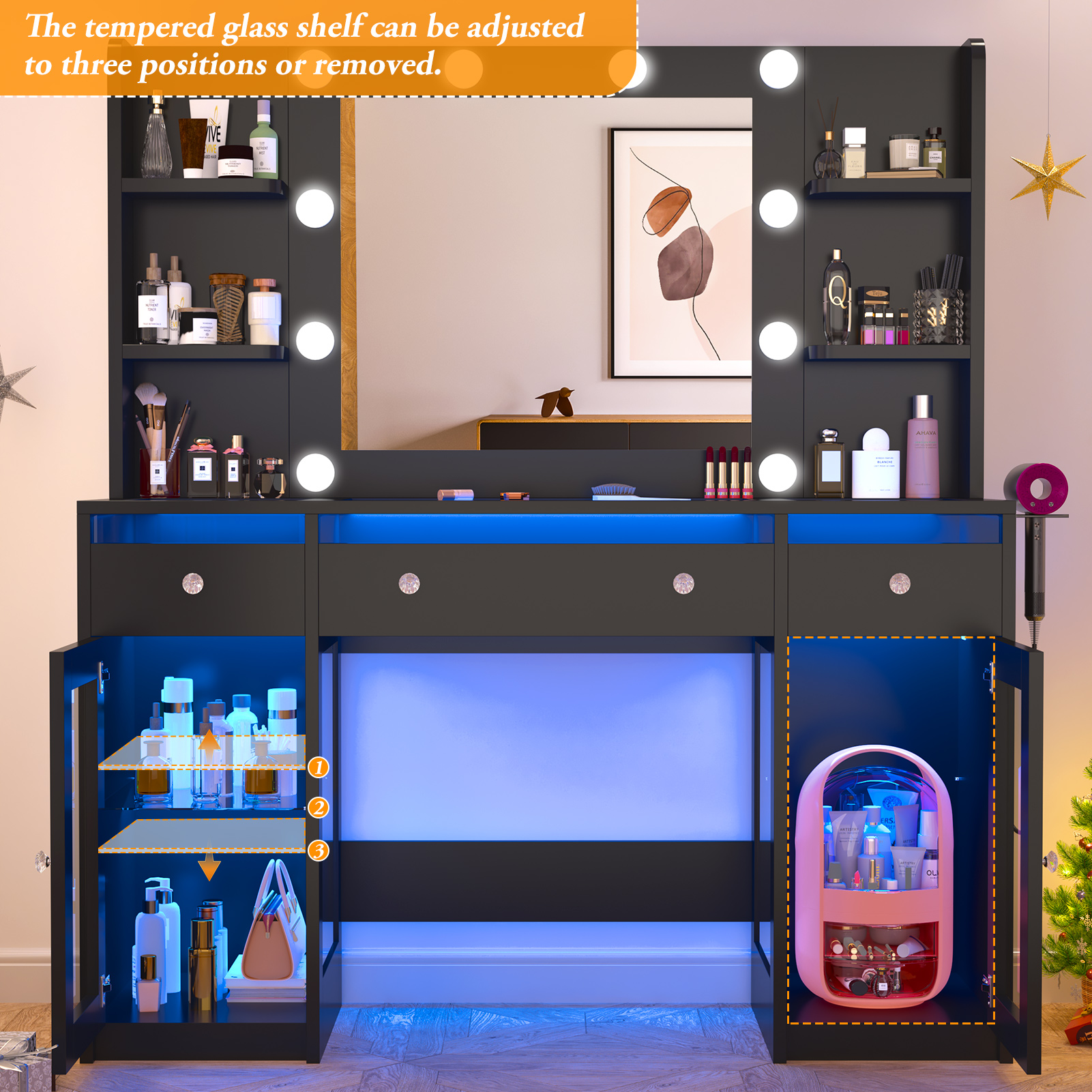 Blotout 47" Makeup Vanity Desk with Mirror and Lights, Storage Shelves, Vanity Desk with 6000-Colors Lighting & Power Outlet, Glass Top with 3 RGB Drawers, 2 Large RGB Cabinets