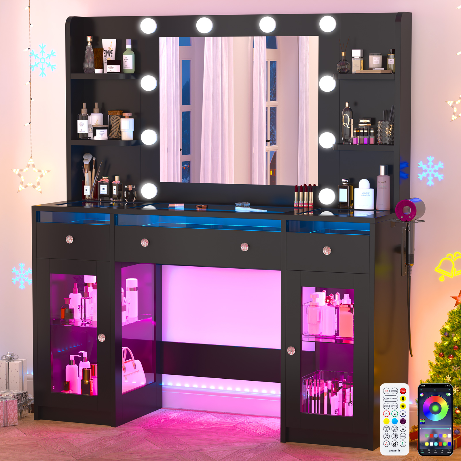 Blotout 47" Makeup Vanity Desk with Mirror and Lights, Storage Shelves, Vanity Desk with 6000-Colors Lighting & Power Outlet, Glass Top with 3 RGB Drawers, 2 Large RGB Cabinets