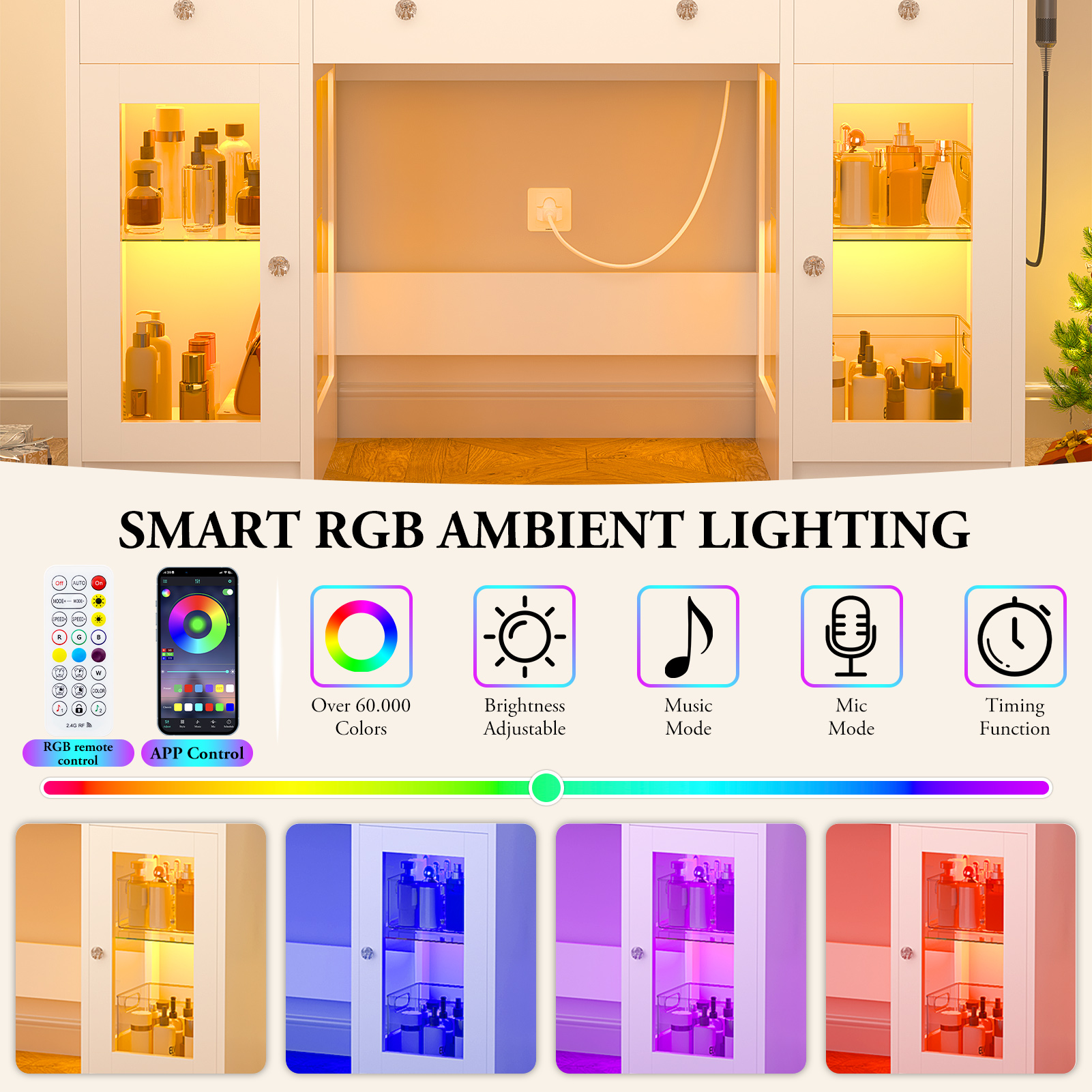 Blotout 47" Makeup Vanity Desk with Mirror and Lights, Storage Shelves, Vanity Desk with 6000-Colors Lighting & Power Outlet, Glass Top with 3 RGB Drawers, 2 Large RGB Cabinets