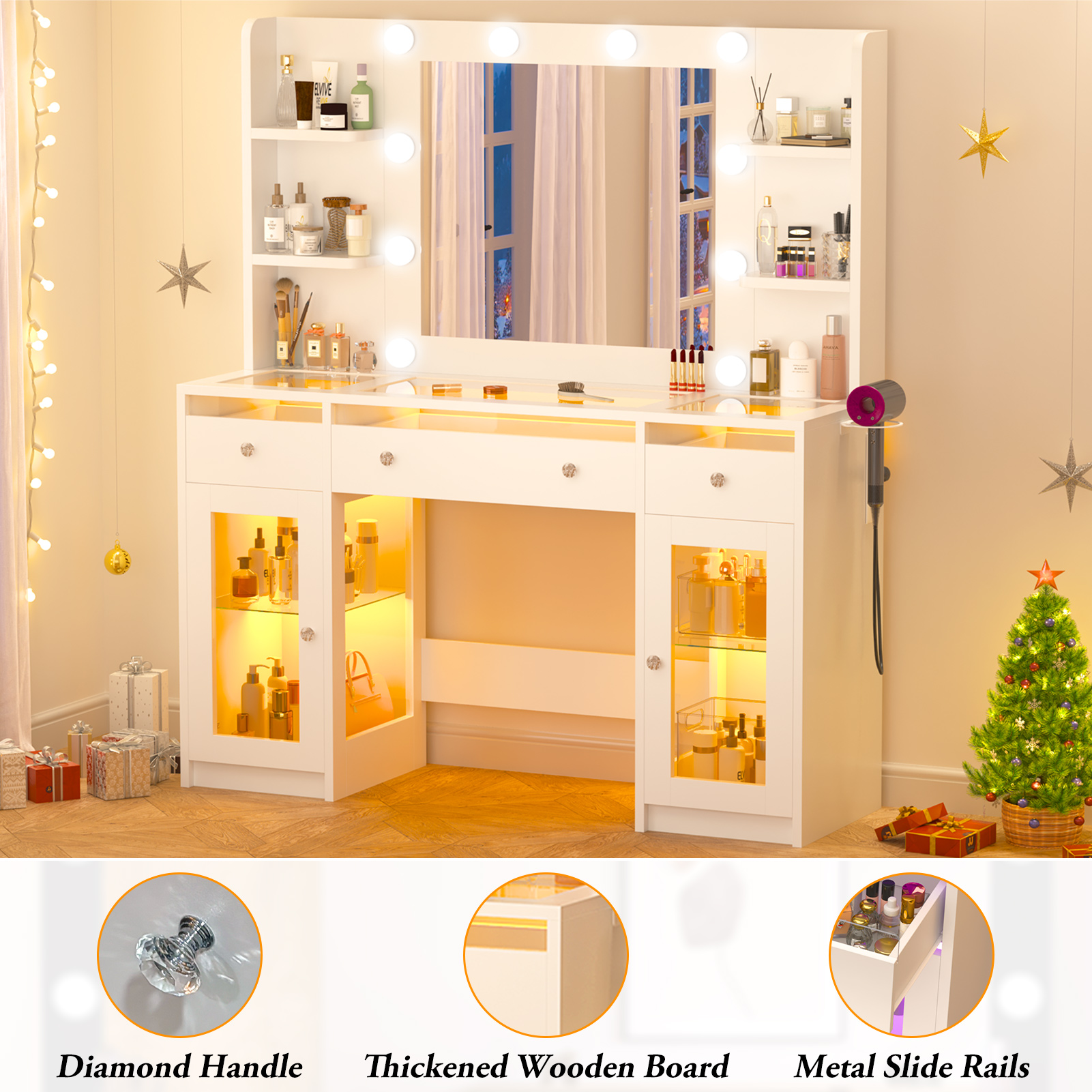 Blotout 47" Makeup Vanity Desk with Mirror and Lights, Storage Shelves, Vanity Desk with 6000-Colors Lighting & Power Outlet, Glass Top with 3 RGB Drawers, 2 Large RGB Cabinets