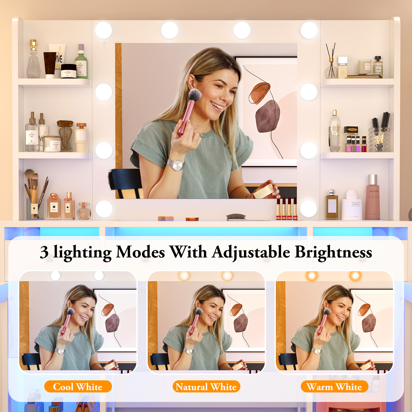 Blotout 47" Makeup Vanity Desk with Mirror and Lights, Storage Shelves, Vanity Desk with 6000-Colors Lighting & Power Outlet, Glass Top with 3 RGB Drawers, 2 Large RGB Cabinets