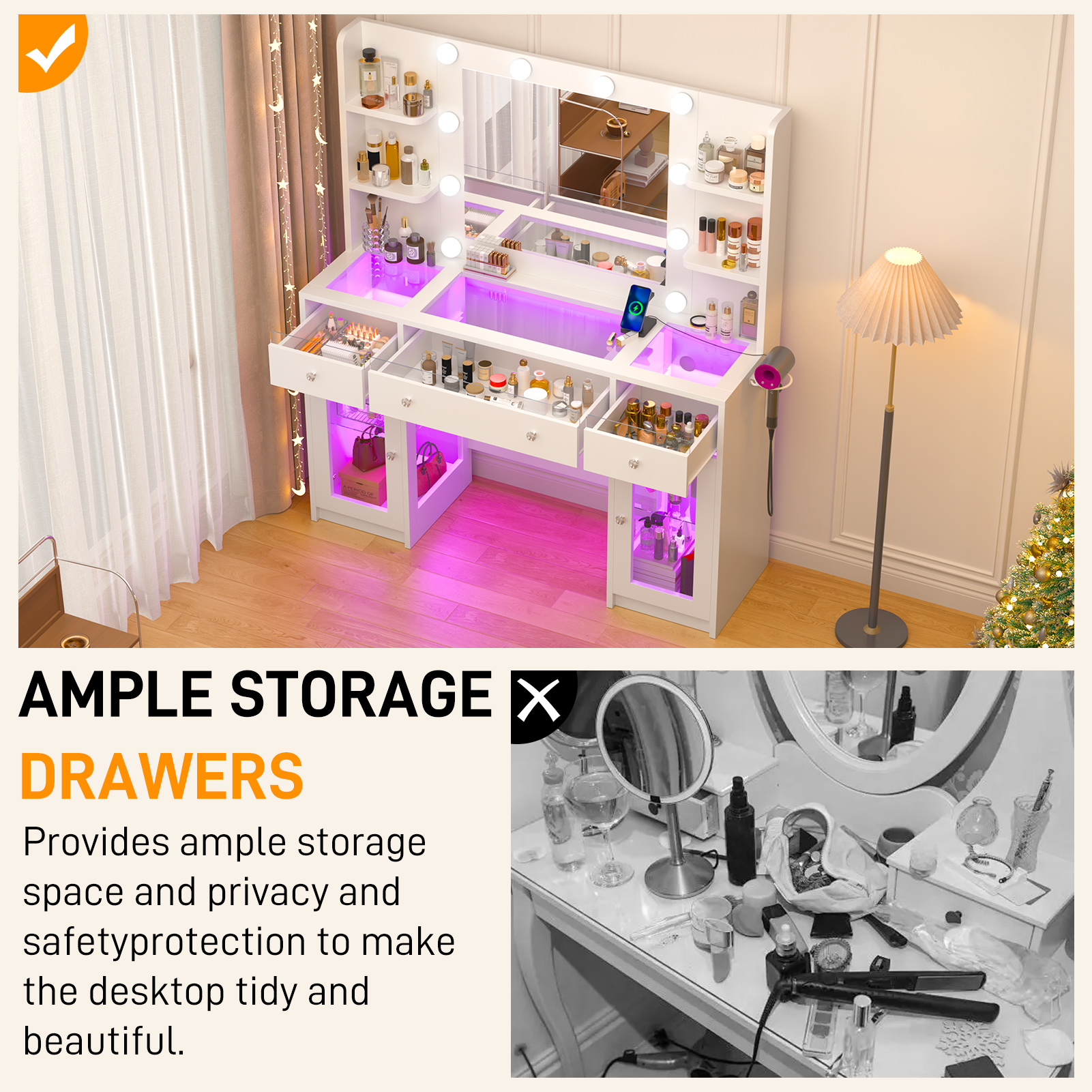 Blotout 47" Makeup Vanity Desk with Mirror and Lights, Storage Shelves, Vanity Desk with 6000-Colors Lighting & Power Outlet, Glass Top with 3 RGB Drawers, 2 Large RGB Cabinets