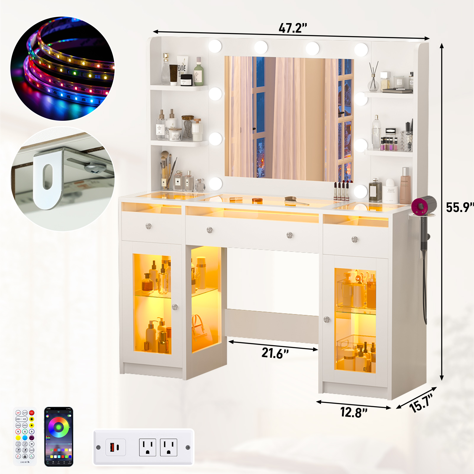 Blotout 47" Makeup Vanity Desk with Mirror and Lights, Storage Shelves, Vanity Desk with 6000-Colors Lighting & Power Outlet, Glass Top with 3 RGB Drawers, 2 Large RGB Cabinets