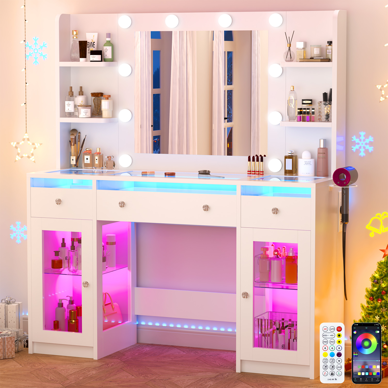 Blotout 47" Makeup Vanity Desk with Mirror and Lights, Storage Shelves, Vanity Desk with 6000-Colors Lighting & Power Outlet, Glass Top with 3 RGB Drawers, 2 Large RGB Cabinets