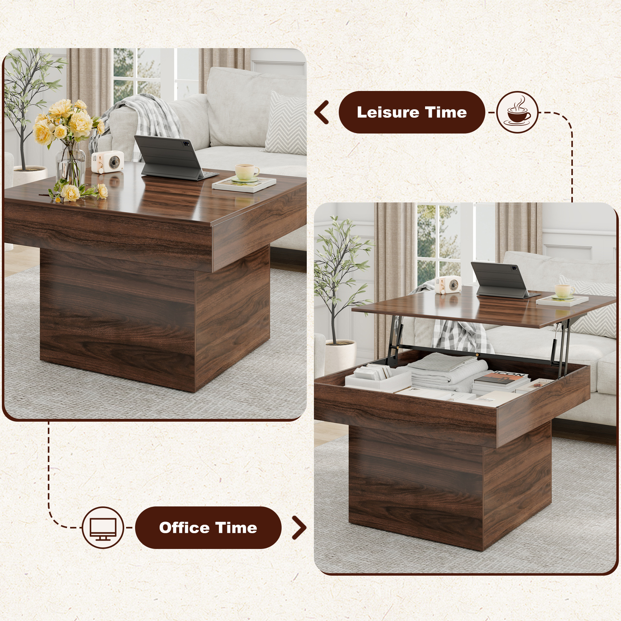 ANPOO LED Square Coffee Table for Living Room,36 Inch Lift Top Coffee Table with LED Light,Minimalist Square Coffee Table with Hidden Storage,Square Lift-Up Center Table