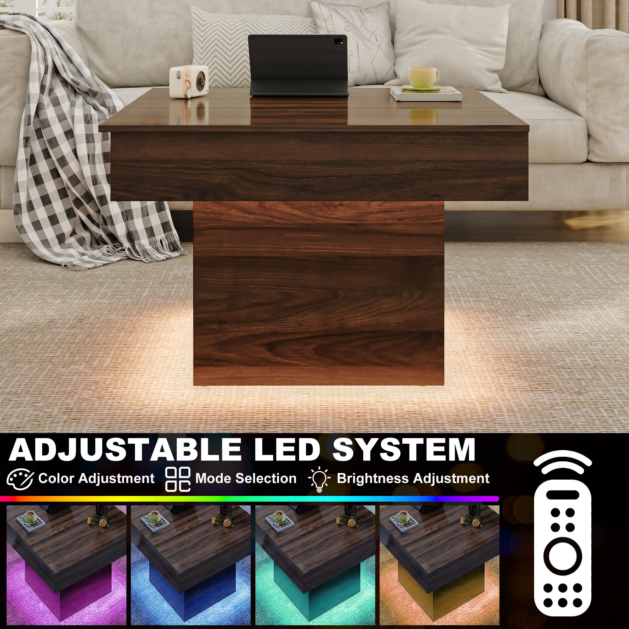 ANPOO LED Square Coffee Table for Living Room,36 Inch Lift Top Coffee Table with LED Light,Minimalist Square Coffee Table with Hidden Storage,Square Lift-Up Center Table