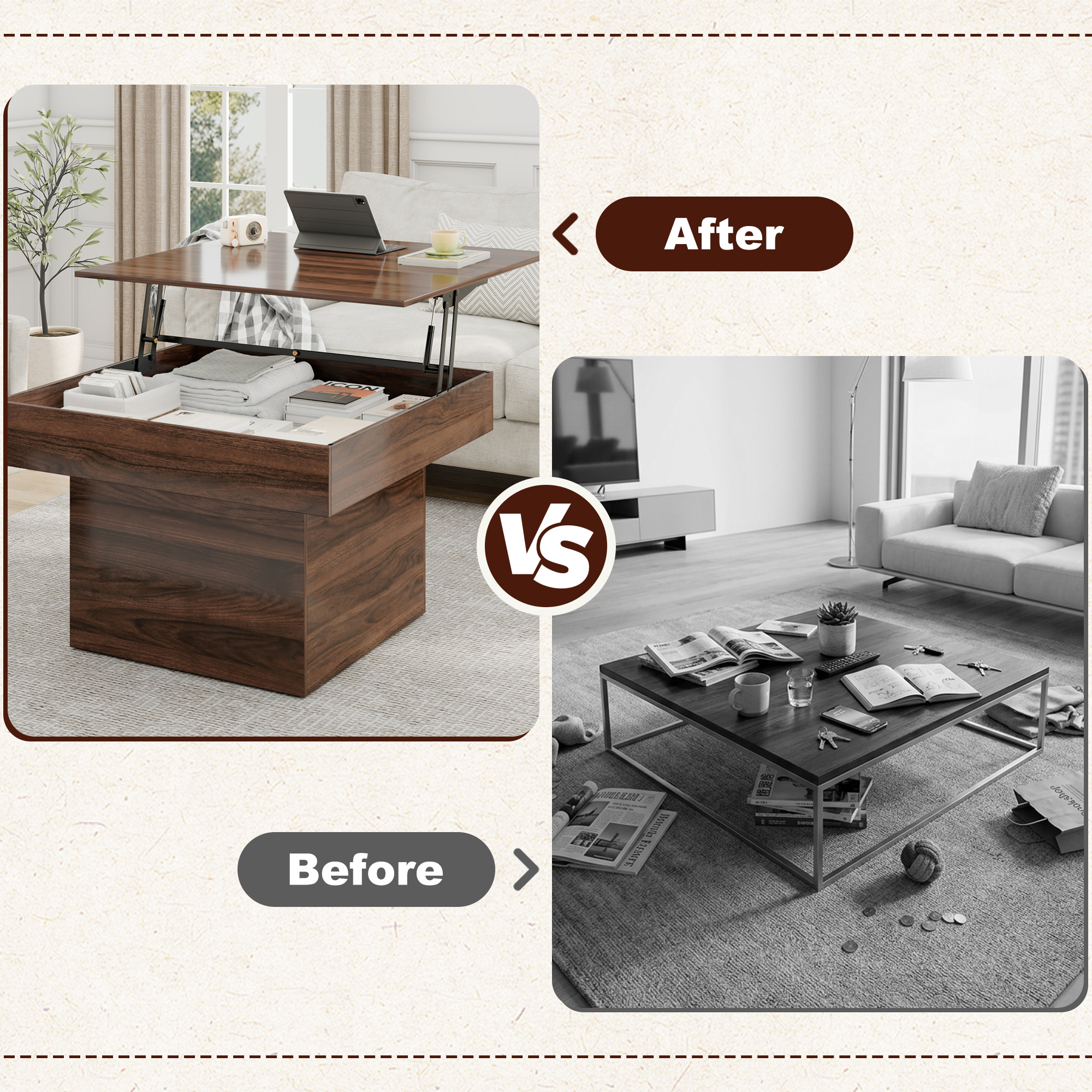 ANPOO LED Square Coffee Table for Living Room,36 Inch Lift Top Coffee Table with LED Light,Minimalist Square Coffee Table with Hidden Storage,Square Lift-Up Center Table