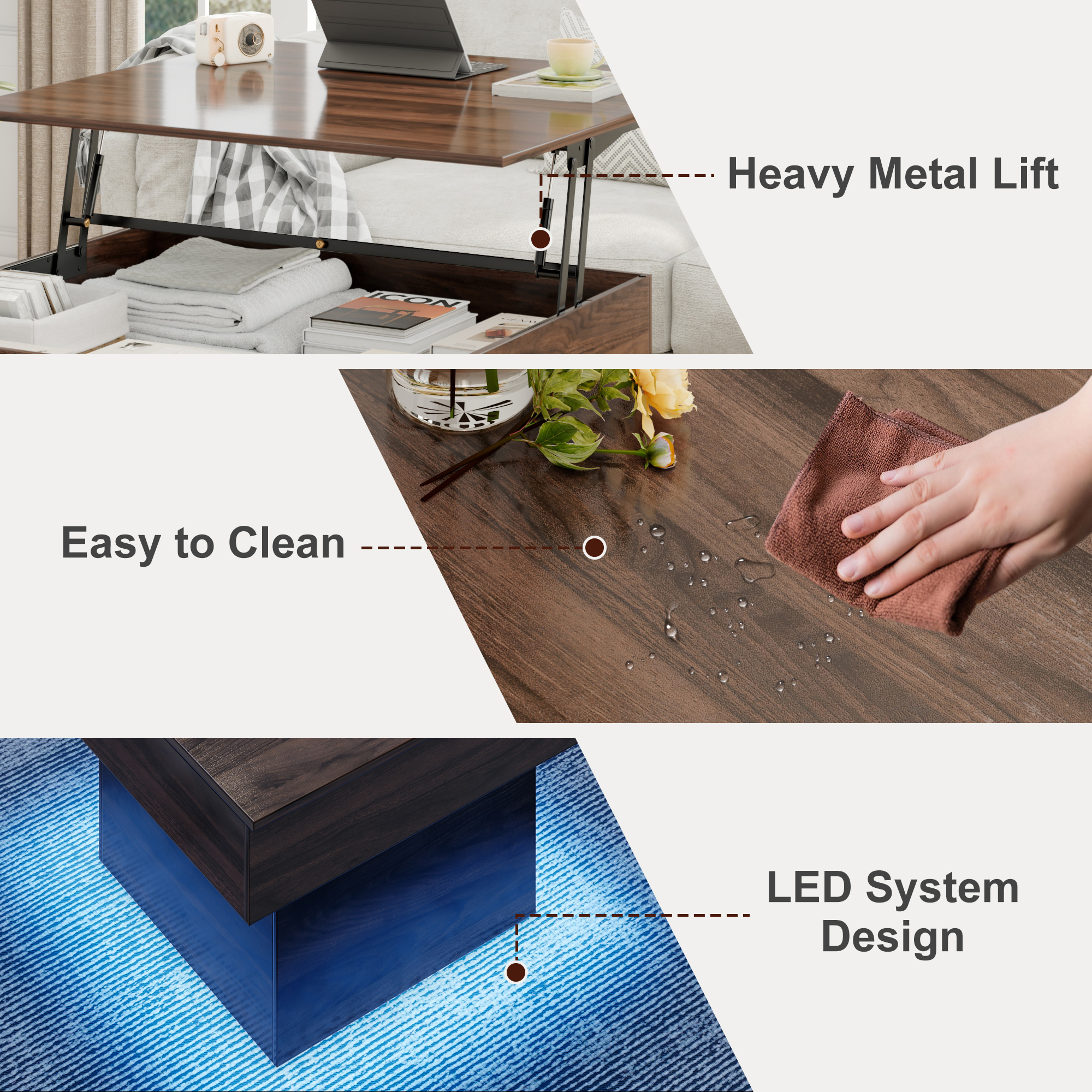 ANPOO LED Square Coffee Table for Living Room,36 Inch Lift Top Coffee Table with LED Light,Minimalist Square Coffee Table with Hidden Storage,Square Lift-Up Center Table