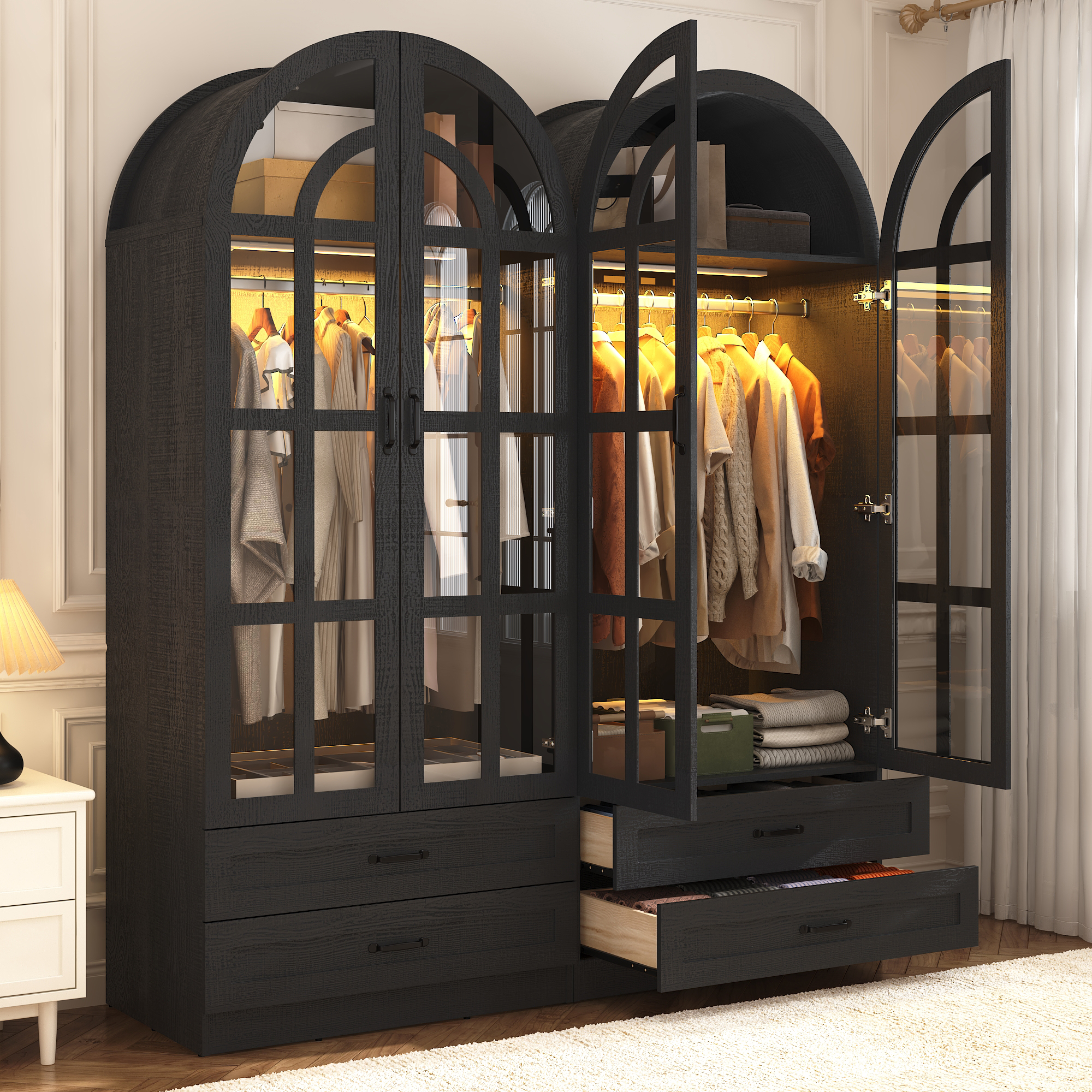 Blotout Arched Armoire Wardrobe Closet with LED Light & Glass Doors, 75" Tall 2 Door Armoire Closet with 2 Drawers & Storage Shelves, Large Bedroom Storage Clothes Organizer with Hanging Rod