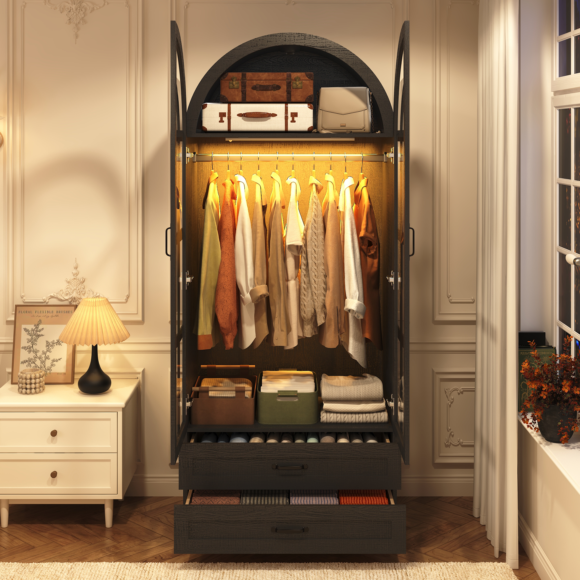 Blotout Arched Armoire Wardrobe Closet with LED Light & Glass Doors, 75" Tall 2 Door Armoire Closet with 2 Drawers & Storage Shelves, Large Bedroom Storage Clothes Organizer with Hanging Rod