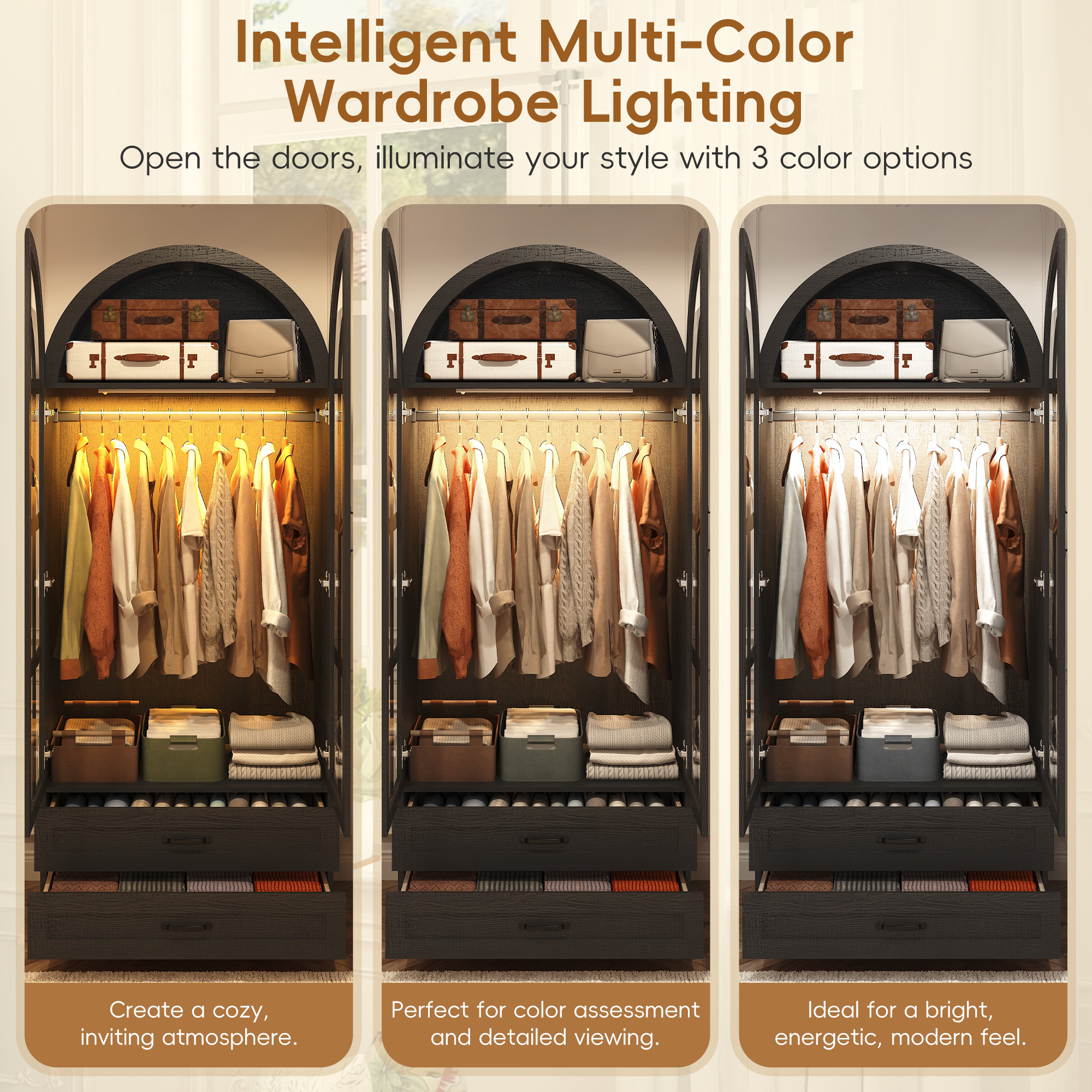 Blotout Arched Armoire Wardrobe Closet with LED Light & Glass Doors, 75" Tall 2 Door Armoire Closet with 2 Drawers & Storage Shelves, Large Bedroom Storage Clothes Organizer with Hanging Rod