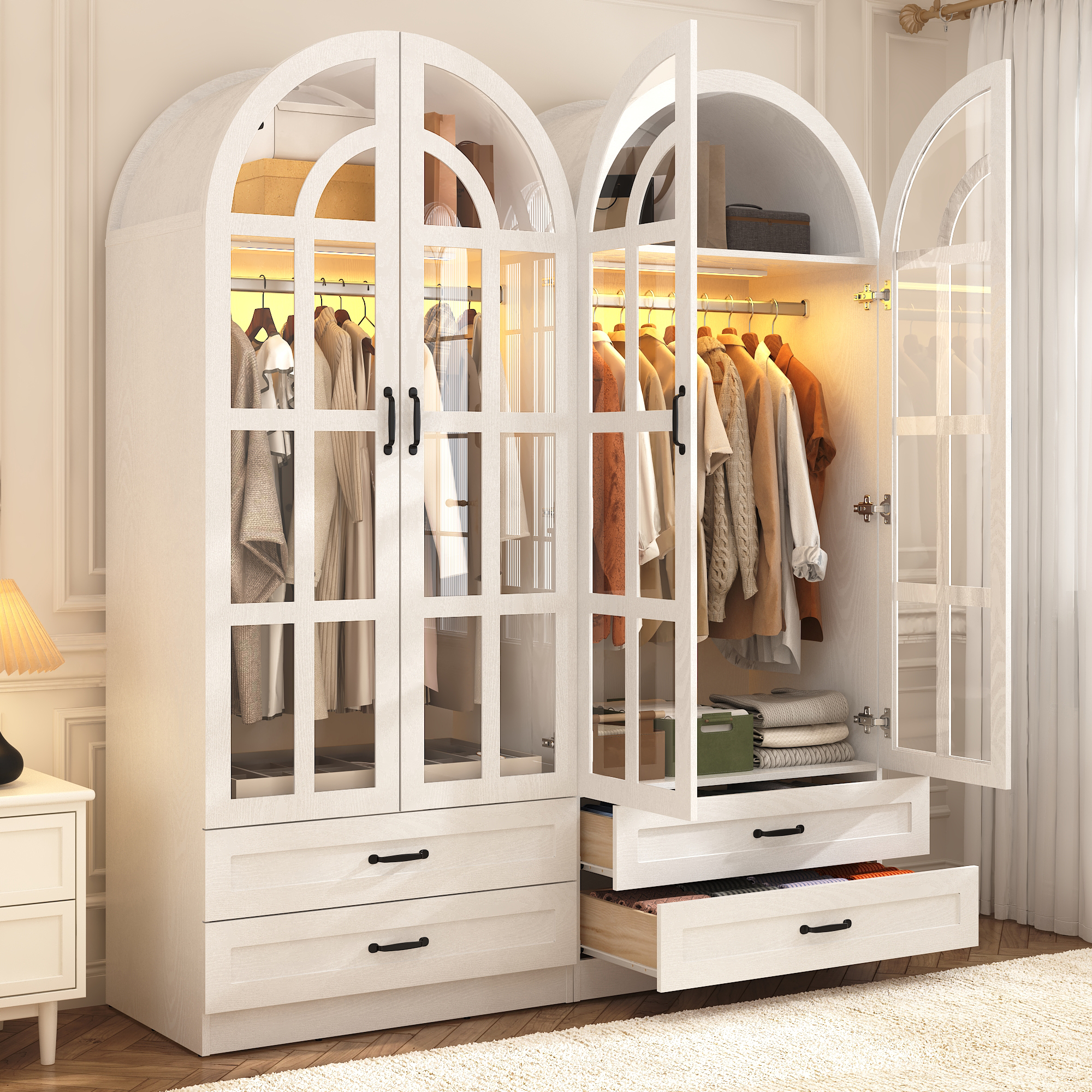 Blotout Arched Armoire Wardrobe Closet with LED Light & Glass Doors, 75" Tall 2 Door Armoire Closet with 2 Drawers & Storage Shelves, Large Bedroom Storage Clothes Organizer with Hanging Rod