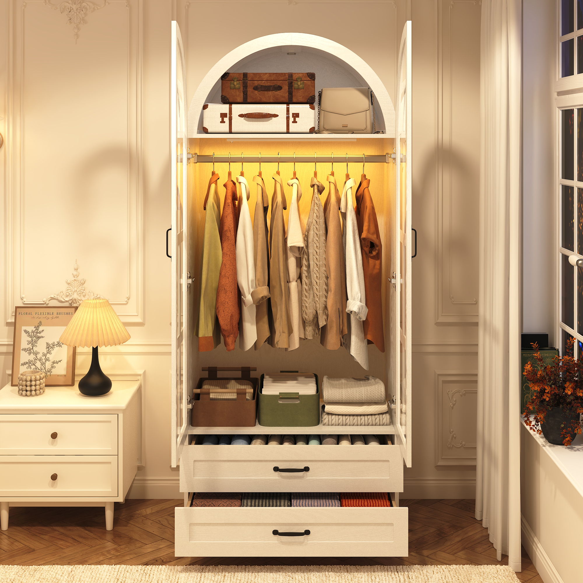 Blotout Arched Armoire Wardrobe Closet with LED Light & Glass Doors, 75" Tall 2 Door Armoire Closet with 2 Drawers & Storage Shelves, Large Bedroom Storage Clothes Organizer with Hanging Rod