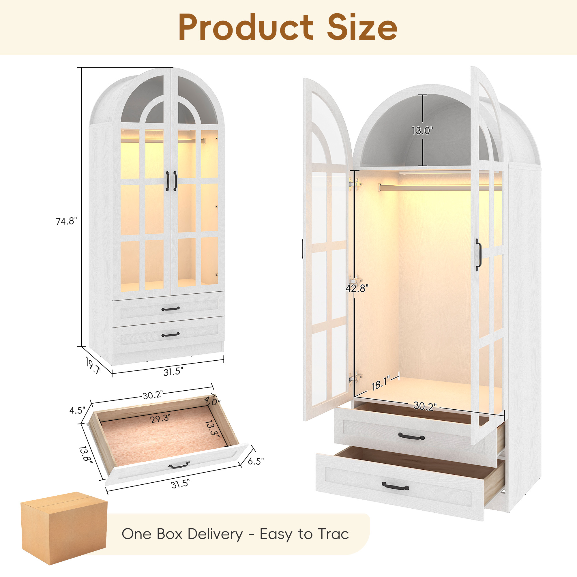 Blotout Arched Armoire Wardrobe Closet with LED Light & Glass Doors, 75" Tall 2 Door Armoire Closet with 2 Drawers & Storage Shelves, Large Bedroom Storage Clothes Organizer with Hanging Rod