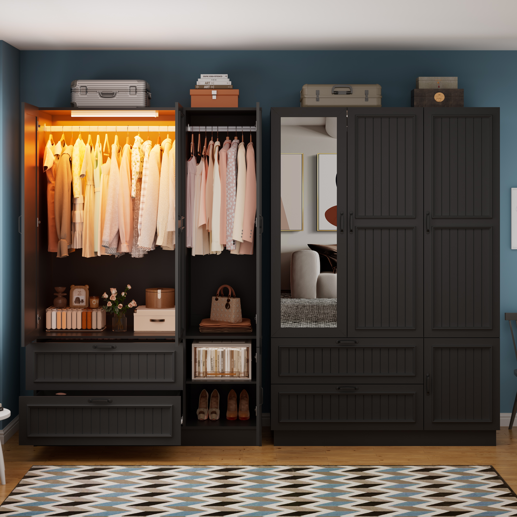 ANPOO Mid-Century Modern Vertical Grooved Bedroom Armoire, 3 Door Freestanding Wardrobe Closet with Mirrors, Motion Sensor LED Lights, 70.3" Tall Wooden Storage Cabinet with Drawers & Shelves