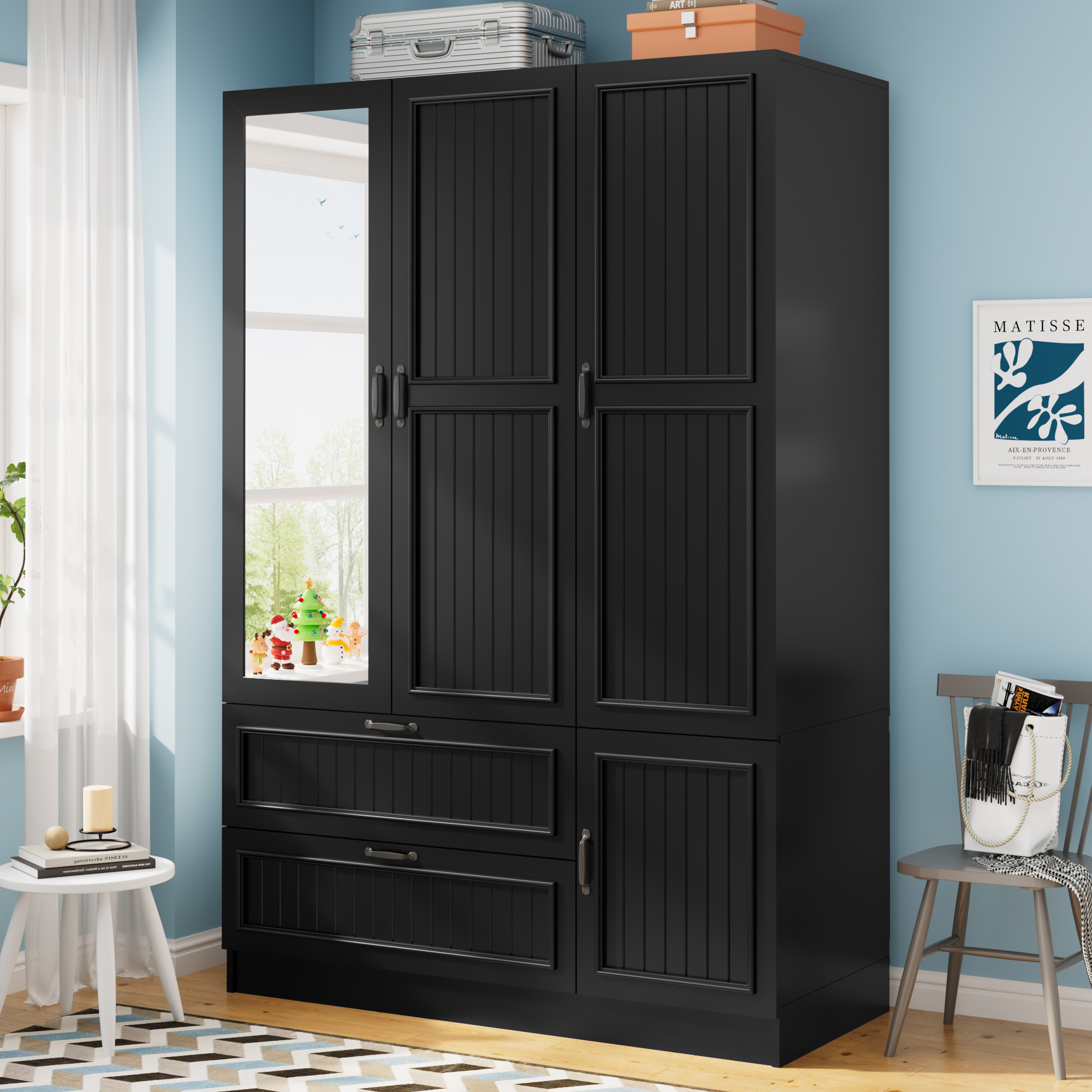 ANPOO Mid-Century Modern Vertical Grooved Bedroom Armoire, 3 Door Freestanding Wardrobe Closet with Mirrors, Motion Sensor LED Lights, 70.3" Tall Wooden Storage Cabinet with Drawers & Shelves