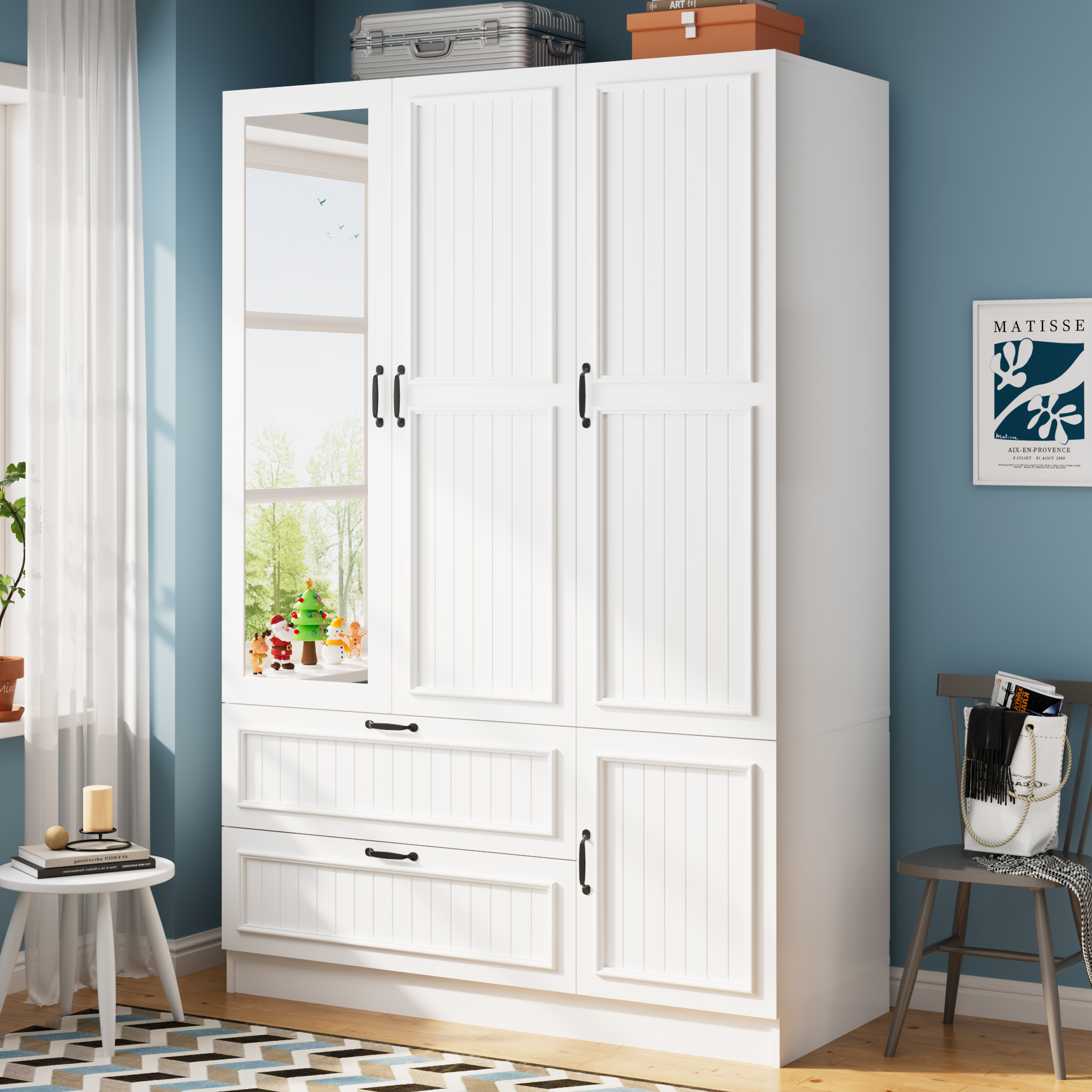 ANPOO Mid-Century Modern Vertical Grooved Bedroom Armoire, 3 Door Freestanding Wardrobe Closet with Mirrors, Motion Sensor LED Lights, 70.3" Tall Wooden Storage Cabinet with Drawers & Shelves