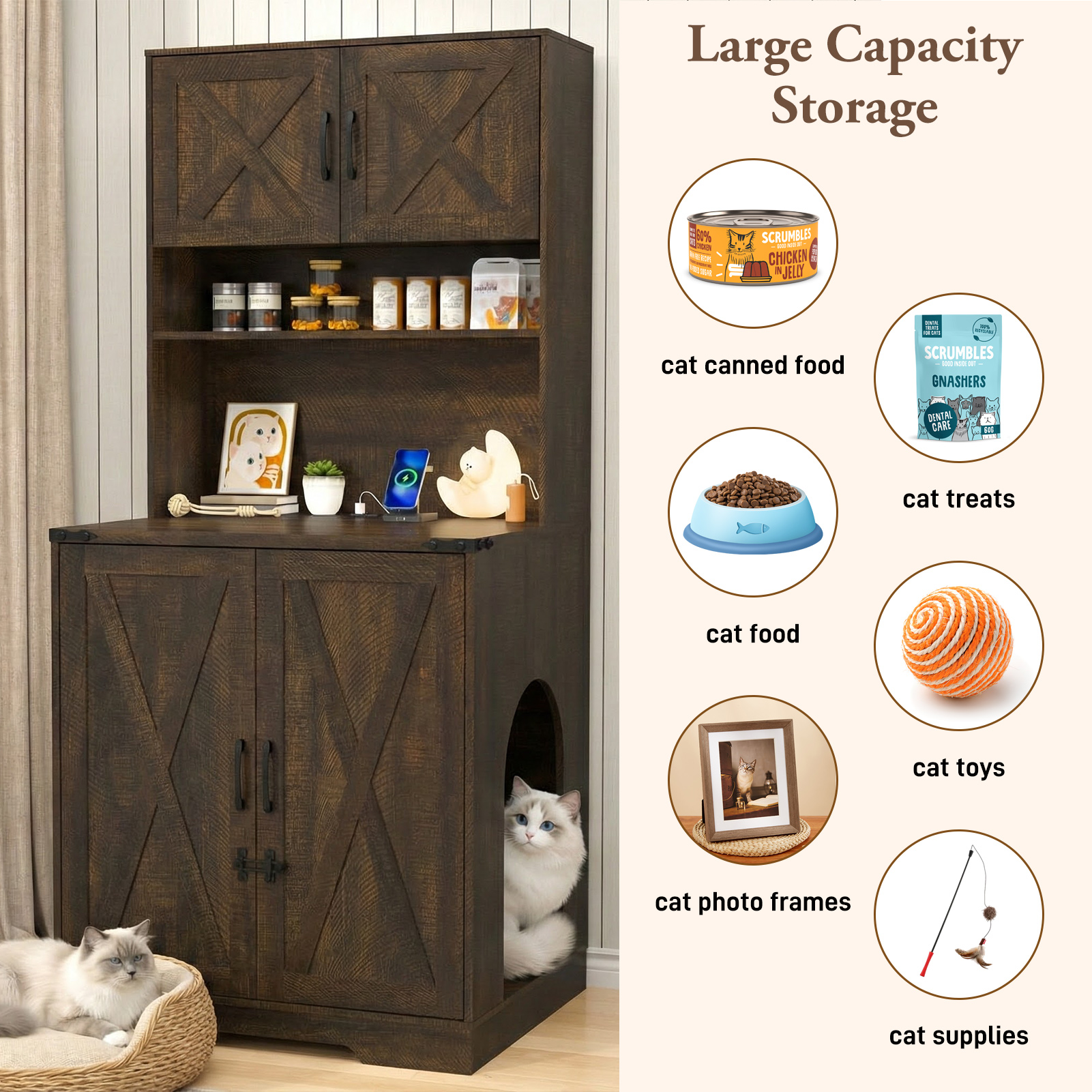 Blotout 71" Tall Farmhouse Cat Litter Box Enclosure W/ Shelves and Doors, Wooden Cat Litter Box Furniture for Self-Cleaning Litter Boxes, Large Hidden Litter Box Furniture W/ Power Outlets, Locks