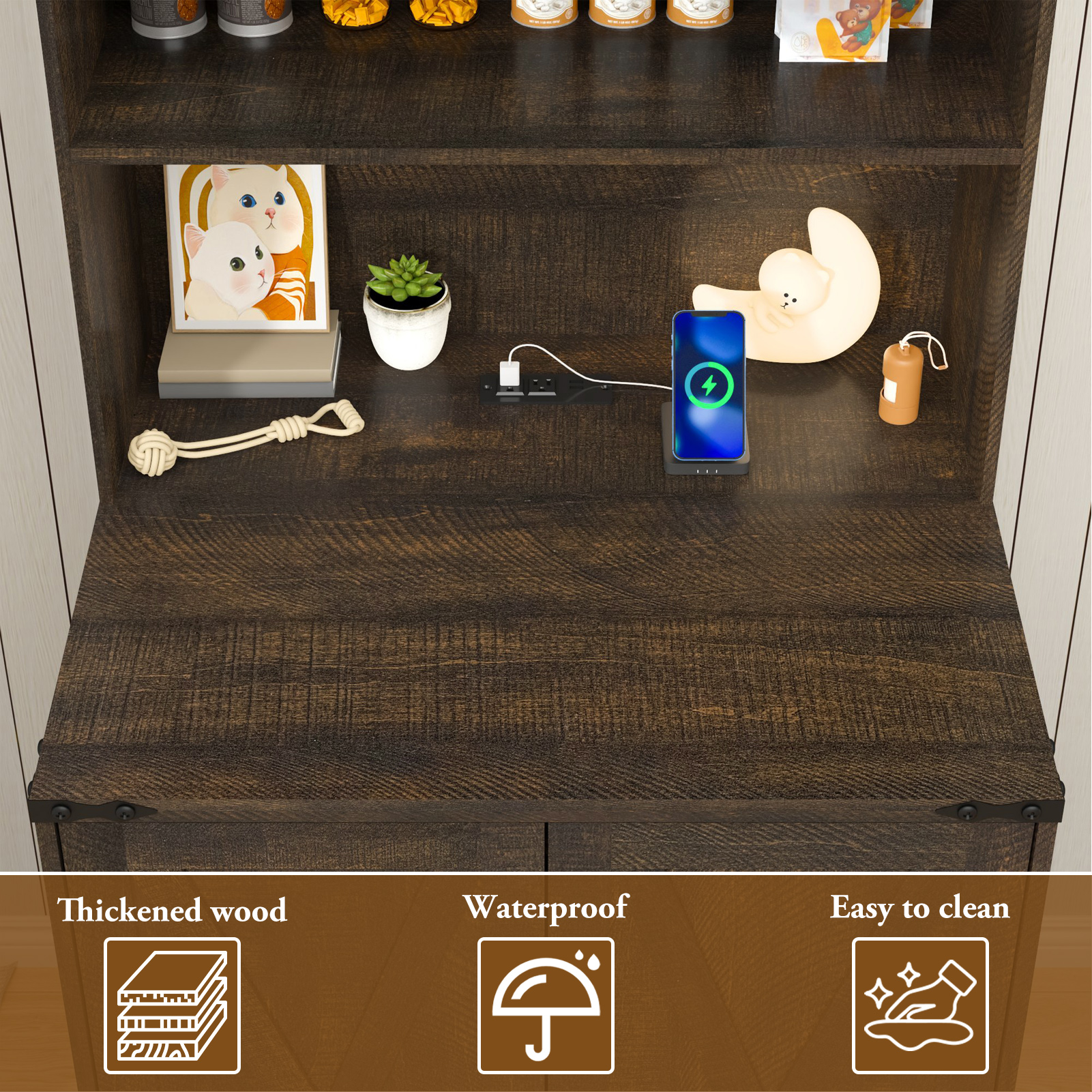 Blotout 71" Tall Farmhouse Cat Litter Box Enclosure W/ Shelves and Doors, Wooden Cat Litter Box Furniture for Self-Cleaning Litter Boxes, Large Hidden Litter Box Furniture W/ Power Outlets, Locks