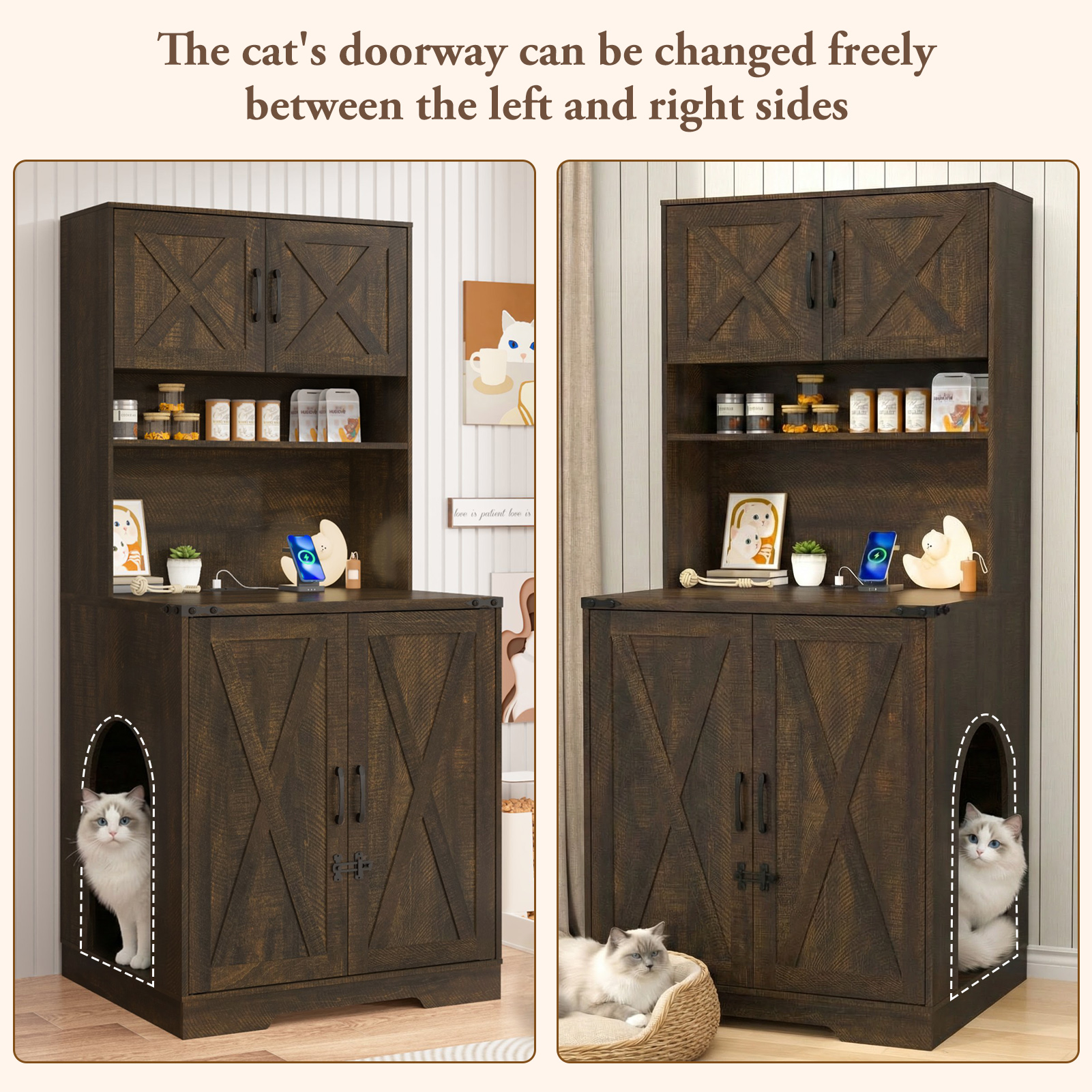 Blotout 71" Tall Farmhouse Cat Litter Box Enclosure W/ Shelves and Doors, Wooden Cat Litter Box Furniture for Self-Cleaning Litter Boxes, Large Hidden Litter Box Furniture W/ Power Outlets, Locks