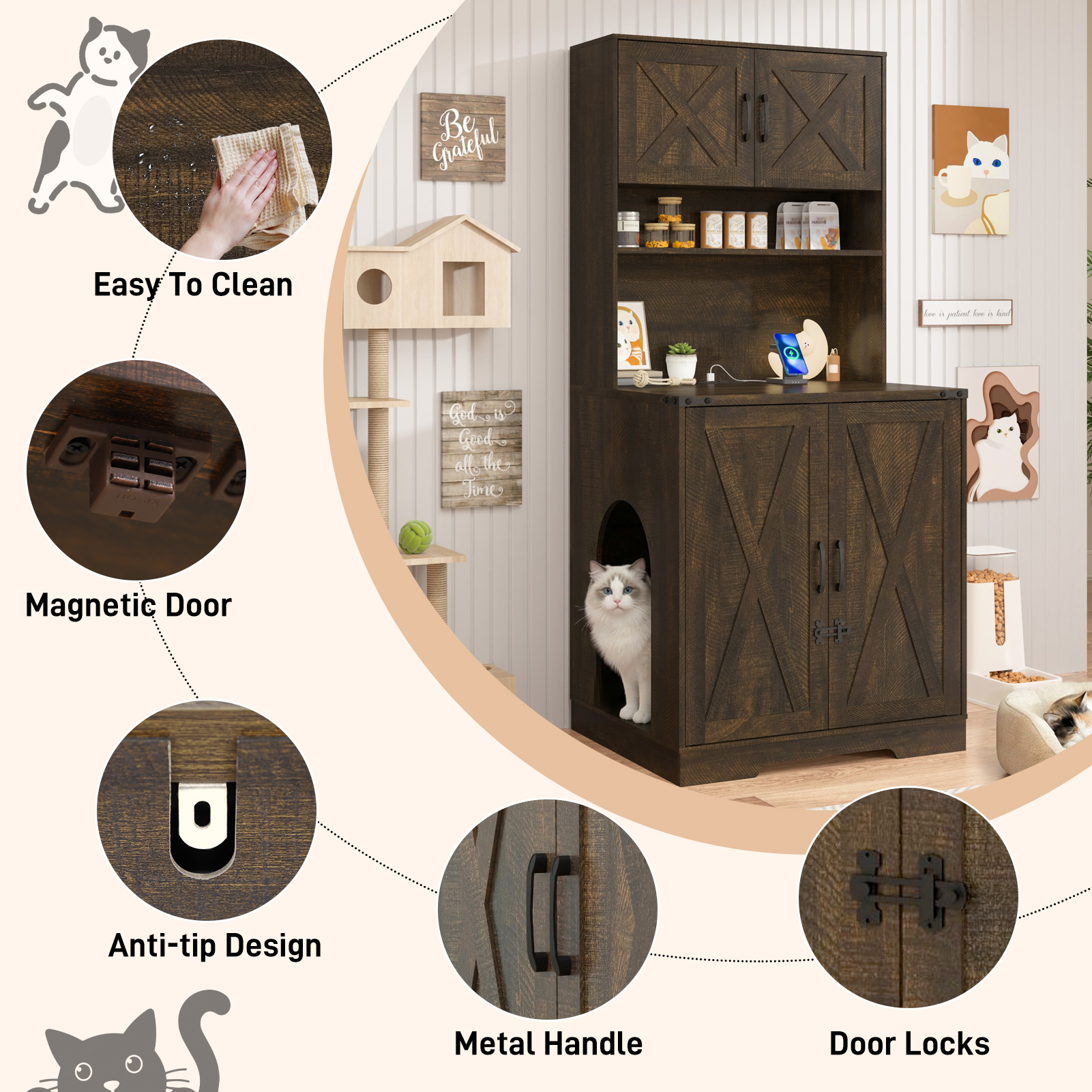 Blotout 71" Tall Farmhouse Cat Litter Box Enclosure W/ Shelves and Doors, Wooden Cat Litter Box Furniture for Self-Cleaning Litter Boxes, Large Hidden Litter Box Furniture W/ Power Outlets, Locks