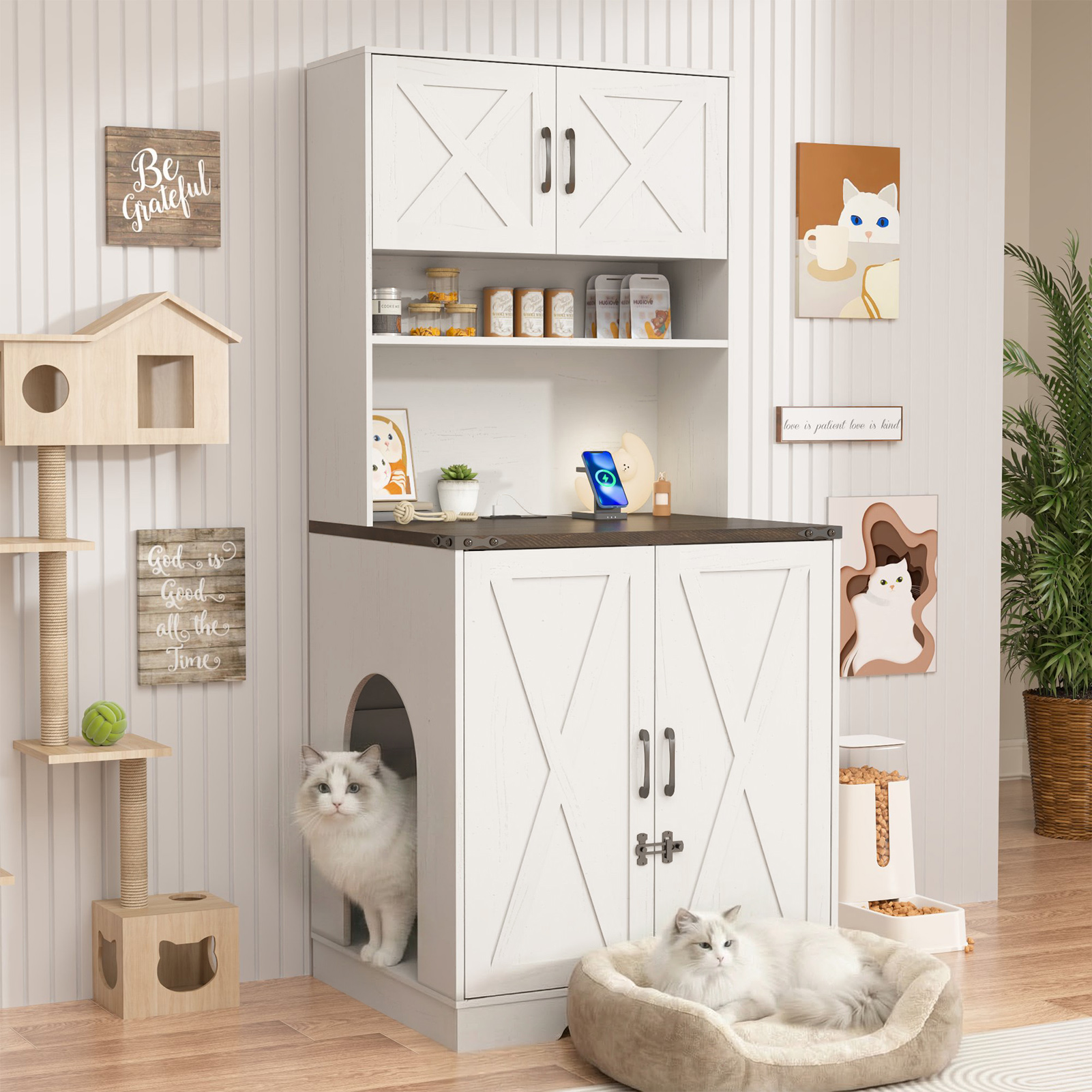 Blotout 71" Tall Farmhouse Cat Litter Box Enclosure W/ Shelves and Doors, Wooden Cat Litter Box Furniture for Self-Cleaning Litter Boxes, Large Hidden Litter Box Furniture W/ Power Outlets, Locks