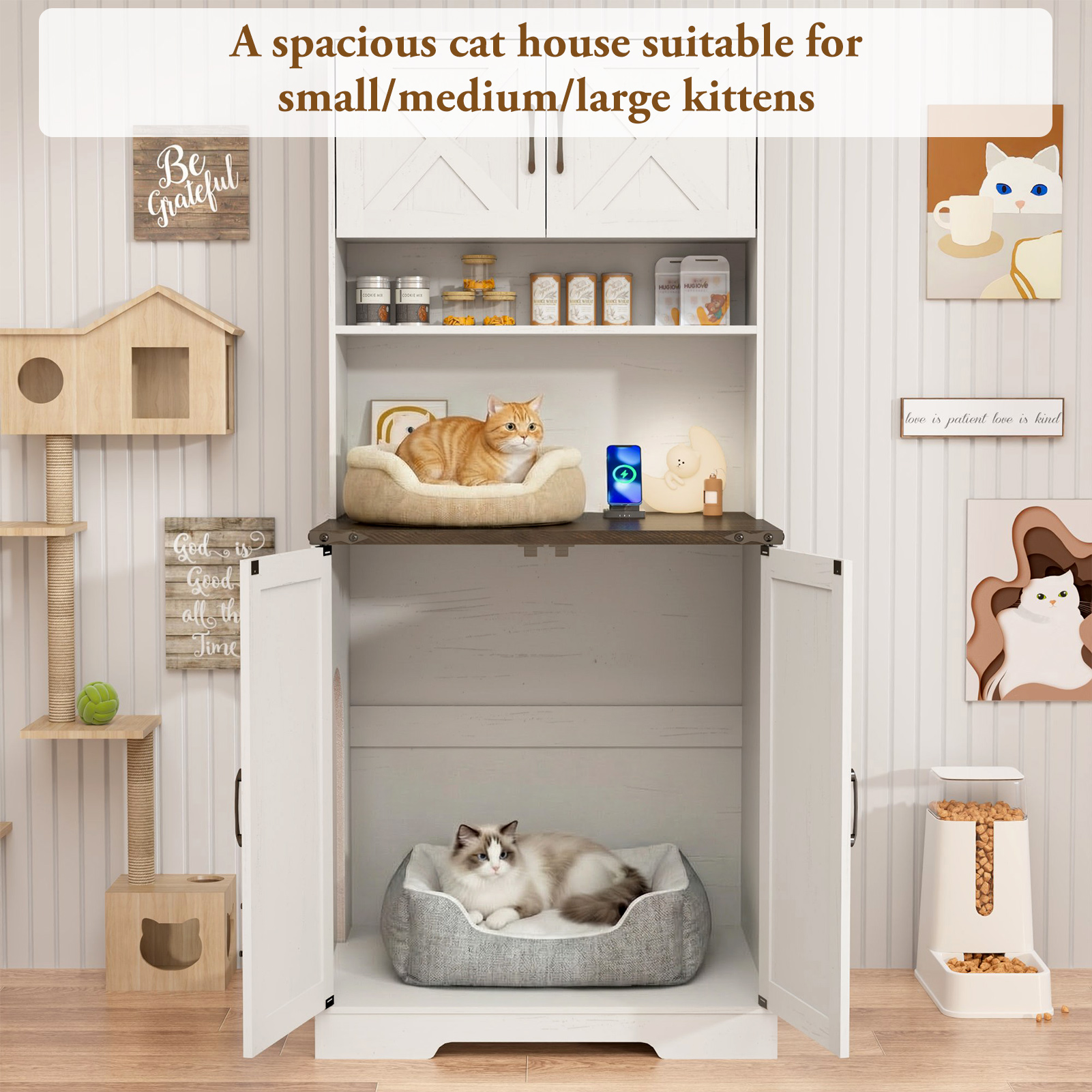 Blotout 71" Tall Farmhouse Cat Litter Box Enclosure W/ Shelves and Doors, Wooden Cat Litter Box Furniture for Self-Cleaning Litter Boxes, Large Hidden Litter Box Furniture W/ Power Outlets, Locks