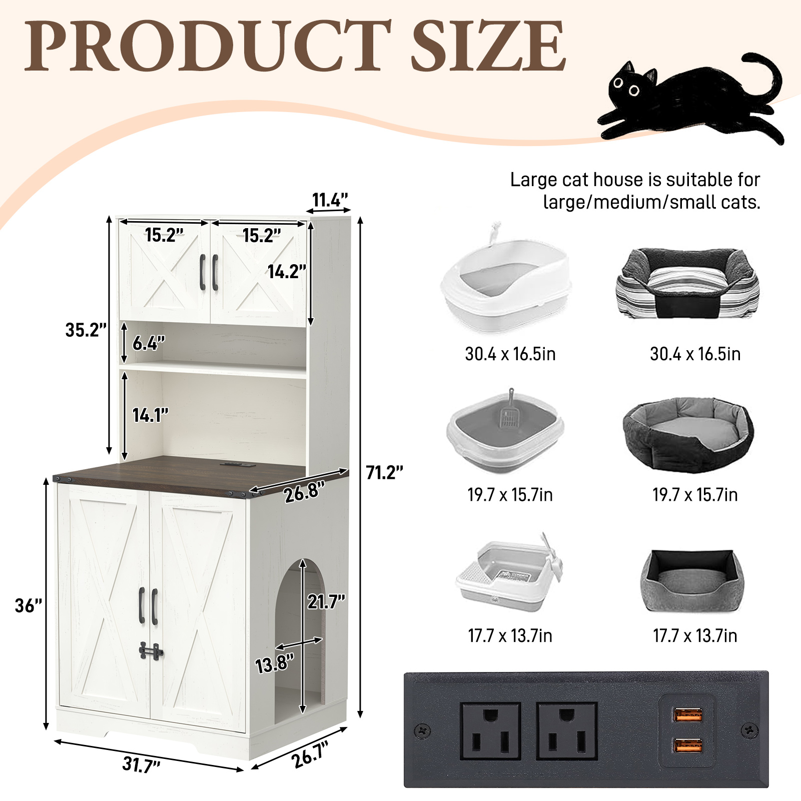 Blotout 71" Tall Farmhouse Cat Litter Box Enclosure W/ Shelves and Doors, Wooden Cat Litter Box Furniture for Self-Cleaning Litter Boxes, Large Hidden Litter Box Furniture W/ Power Outlets, Locks