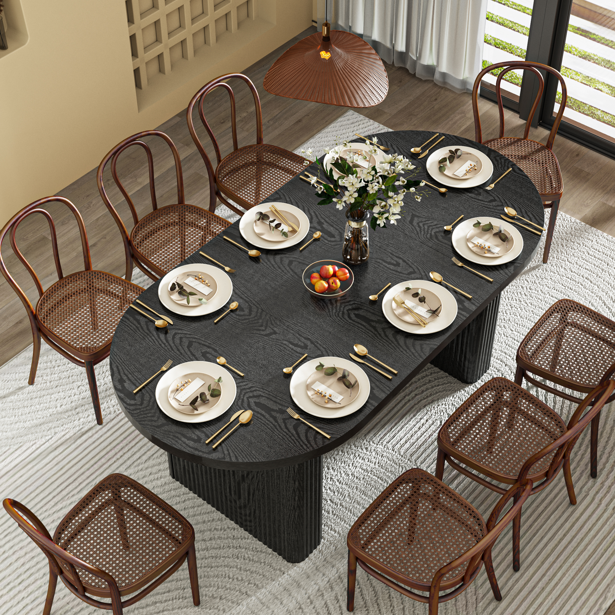70.9" Oval Dining Table Wood Strip Base for 6- 8 People, Modern Farmhouse Kitchen Table for Kitchen,Breakfast,Dinner,Reception Room