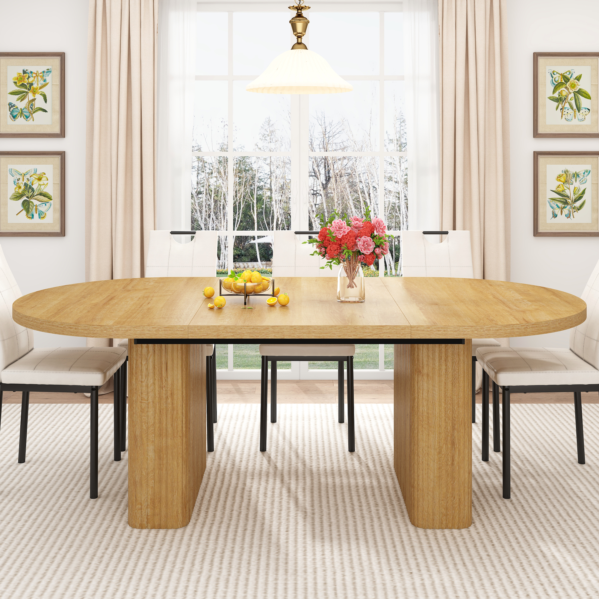 70.9" Oval Dining Table Wood Strip Base for 6- 8 People, Modern Farmhouse Kitchen Table for Kitchen,Breakfast,Dinner,Reception Room