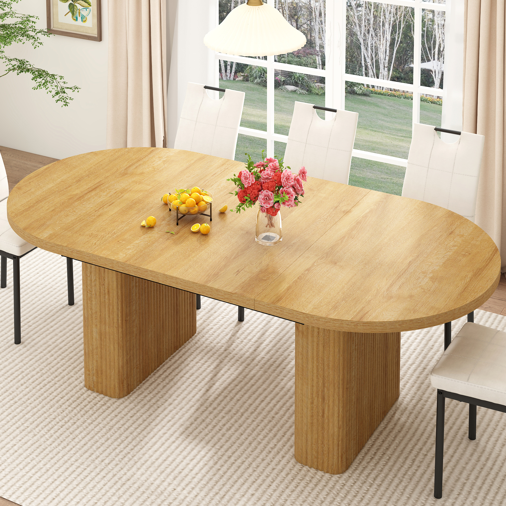 70.9" Oval Dining Table Wood Strip Base for 6- 8 People, Modern Farmhouse Kitchen Table for Kitchen,Breakfast,Dinner,Reception Room