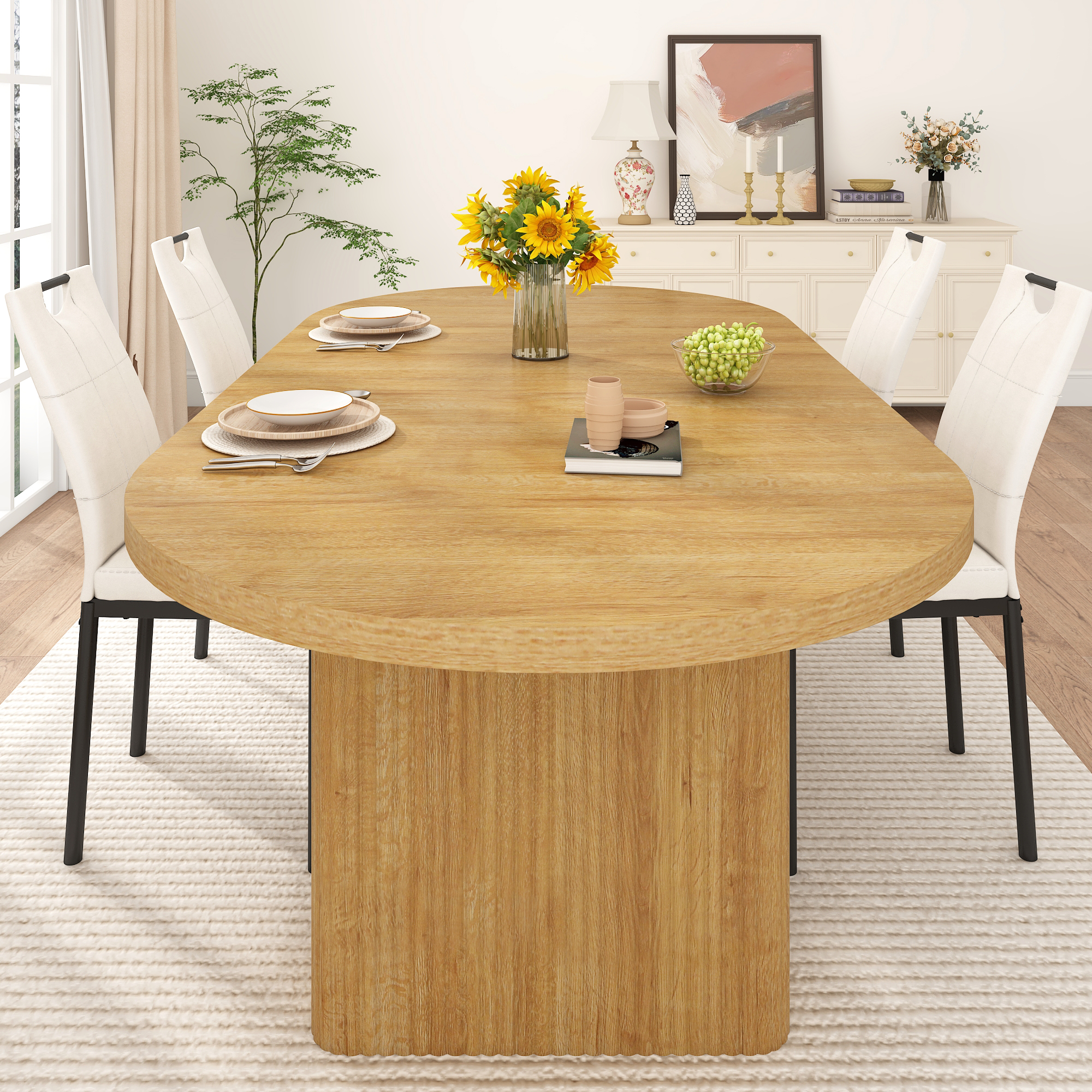 70.9" Oval Dining Table Wood Strip Base for 6- 8 People, Modern Farmhouse Kitchen Table for Kitchen,Breakfast,Dinner,Reception Room