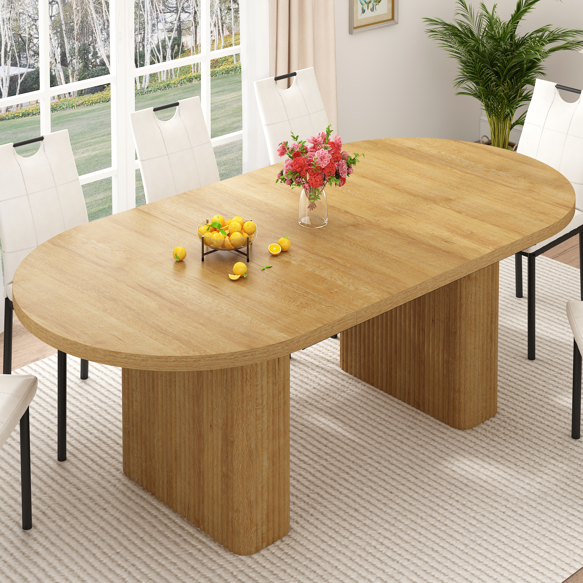 70.9" Oval Dining Table Wood Strip Base for 6- 8 People, Modern Farmhouse Kitchen Table for Kitchen,Breakfast,Dinner,Reception Room