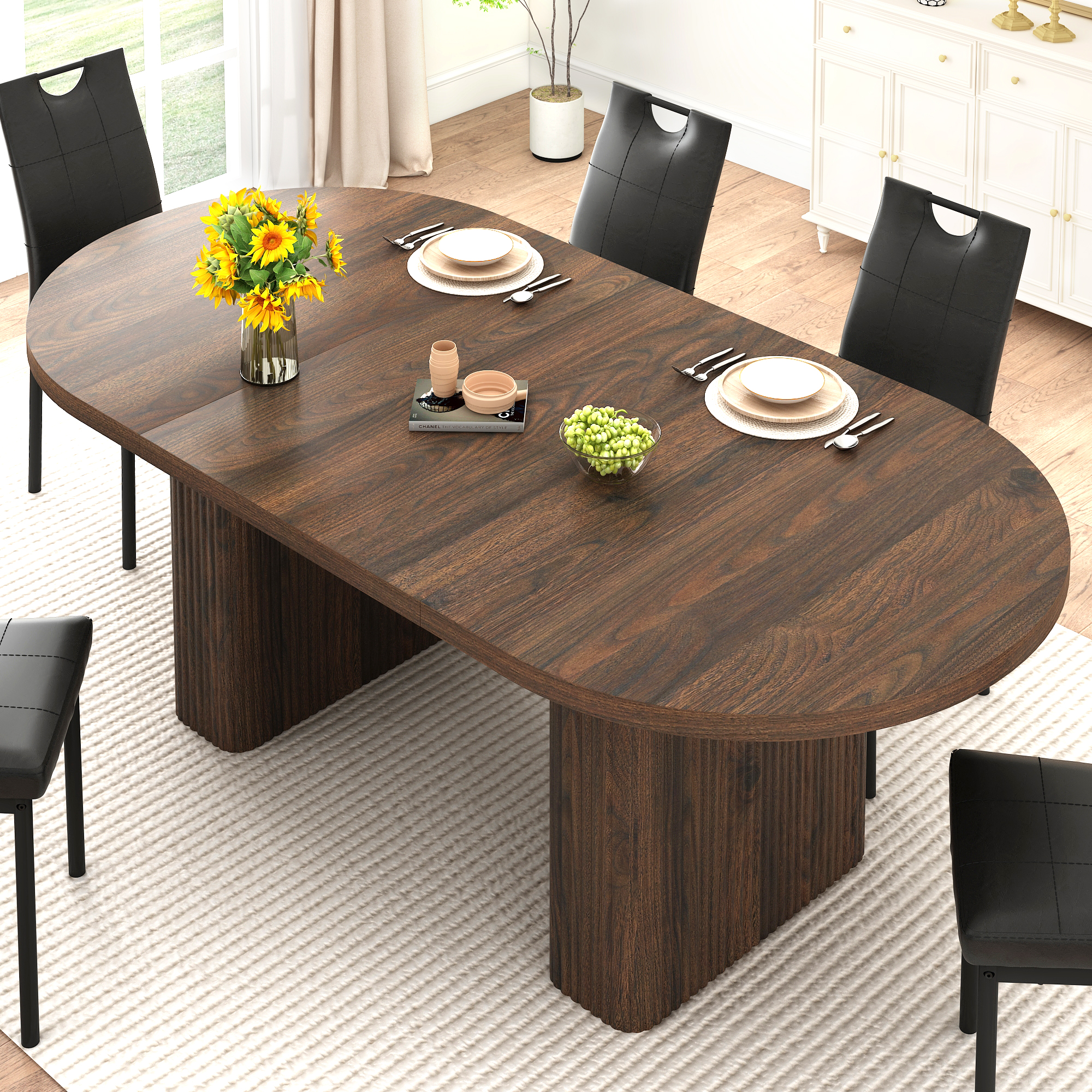 70.9" Oval Dining Table Wood Strip Base for 6- 8 People, Modern Farmhouse Kitchen Table for Kitchen,Breakfast,Dinner,Reception Room
