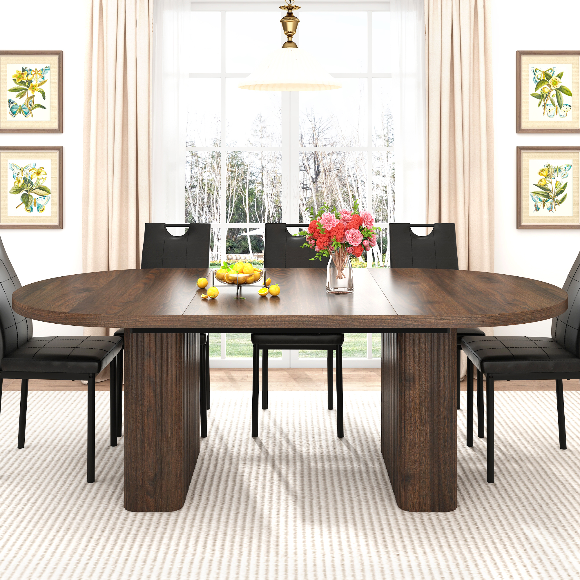 70.9" Oval Dining Table Wood Strip Base for 6- 8 People, Modern Farmhouse Kitchen Table for Kitchen,Breakfast,Dinner,Reception Room