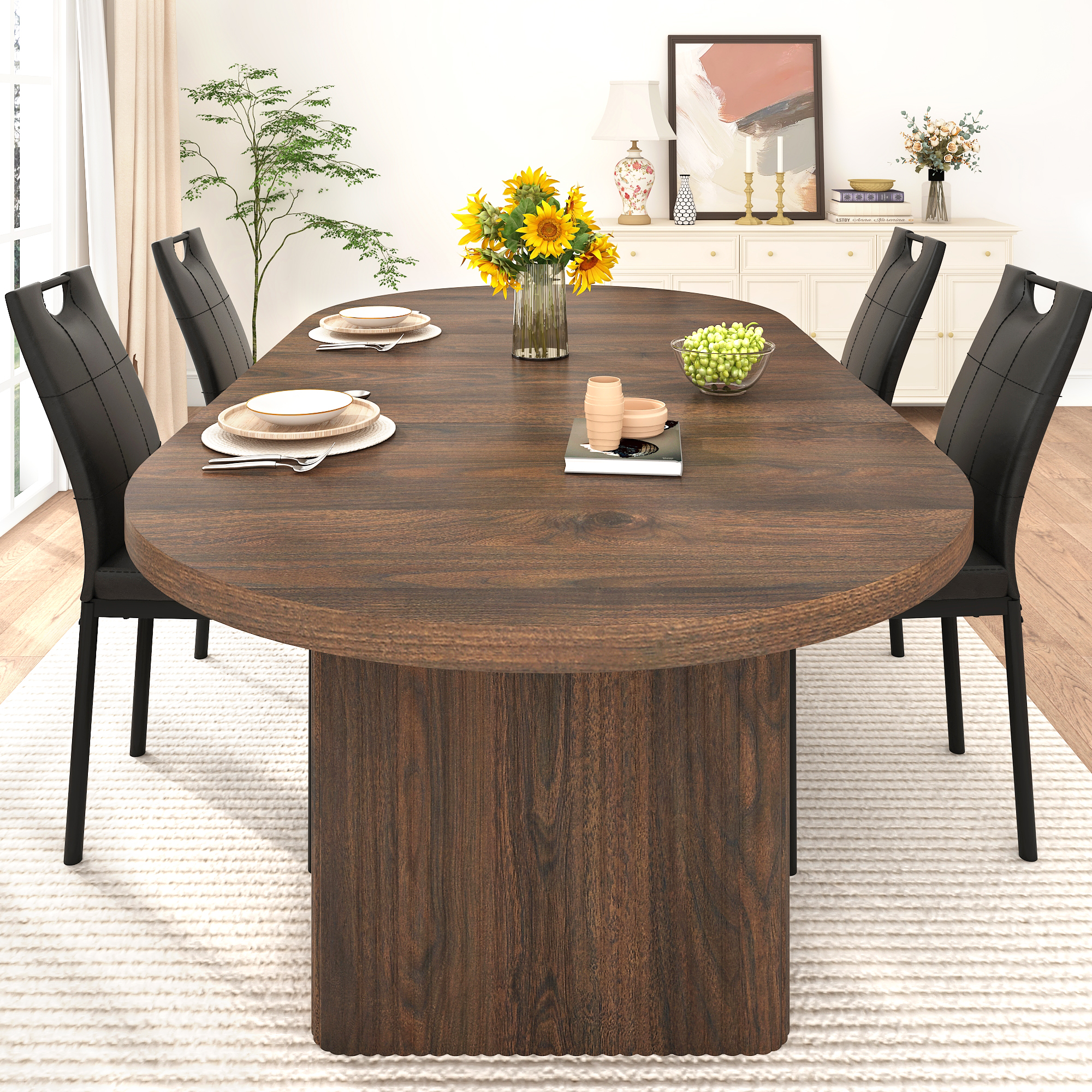 70.9" Oval Dining Table Wood Strip Base for 6- 8 People, Modern Farmhouse Kitchen Table for Kitchen,Breakfast,Dinner,Reception Room