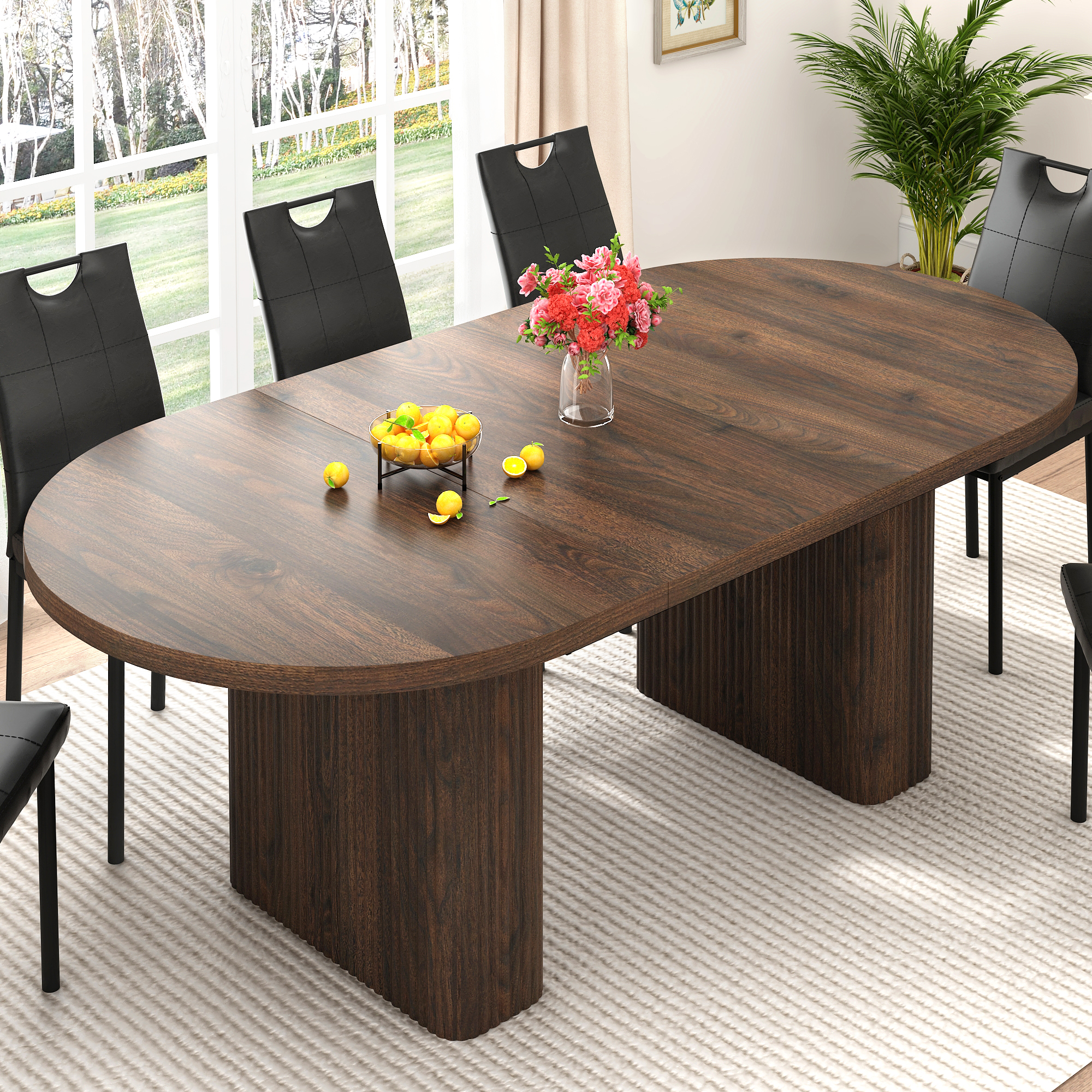 70.9" Oval Dining Table Wood Strip Base for 6- 8 People, Modern Farmhouse Kitchen Table for Kitchen,Breakfast,Dinner,Reception Room