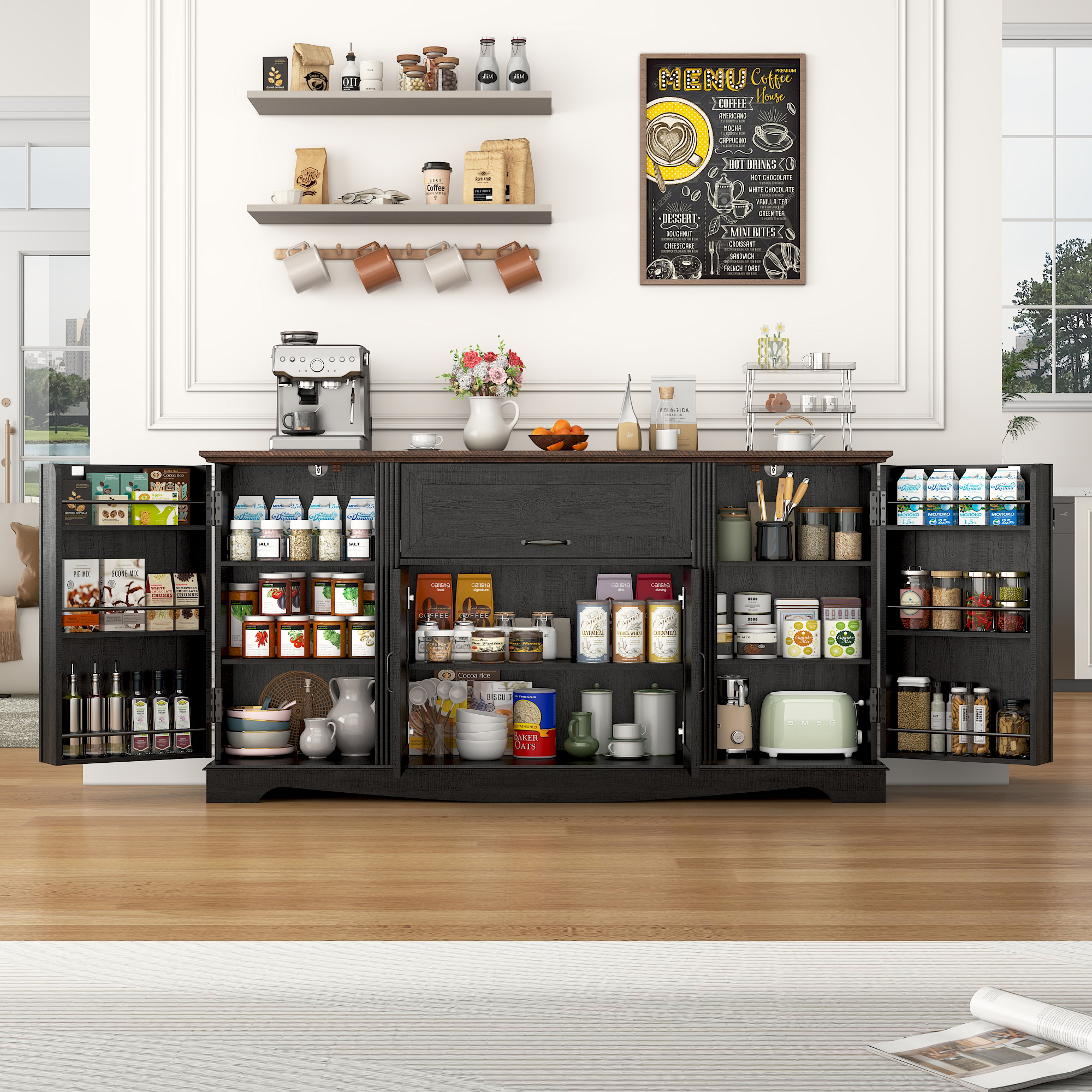 Blotout 65" Sideboard Buffet Cabinet with Storage, Farmhouse Kitchen Pantry Storage Cabinet, Credenza with Drawers, Wood Coffee Bar Cabinet